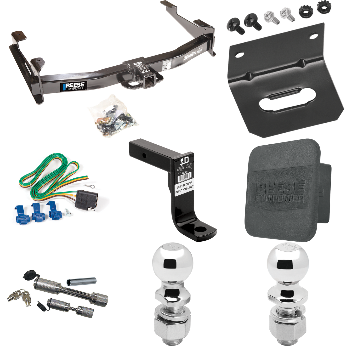 Fits 2001-2002 Chevrolet Silverado 2500 HD Trailer Hitch Tow PKG w/ 4-Flat Wiring Harness + Ball Mount w/ 8" Drop + Dual Hitch & Coupler Locks + 2" Ball + 2-5/16" Ball + Hitch Cover + Wiring Bracket By Reese Towpower