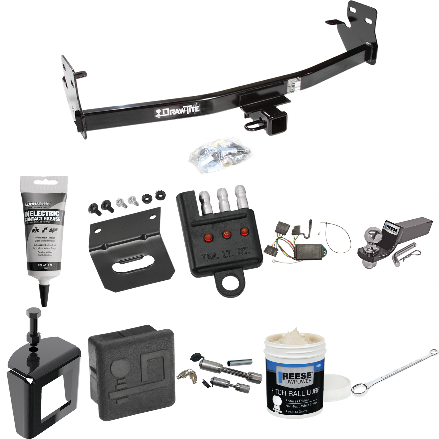 Fits 2007-2008 Isuzu i-290 Trailer Hitch Tow PKG w/ 4-Flat Wiring + Starter Kit Ball Mount w/ 2" Drop & 2" Ball + Wiring Bracket + Hitch Cover + Dual Hitch & Coupler Locks + Wiring Tester + Ball Lube + Electric Grease + Ball Wrench + Anti Rattle Devi