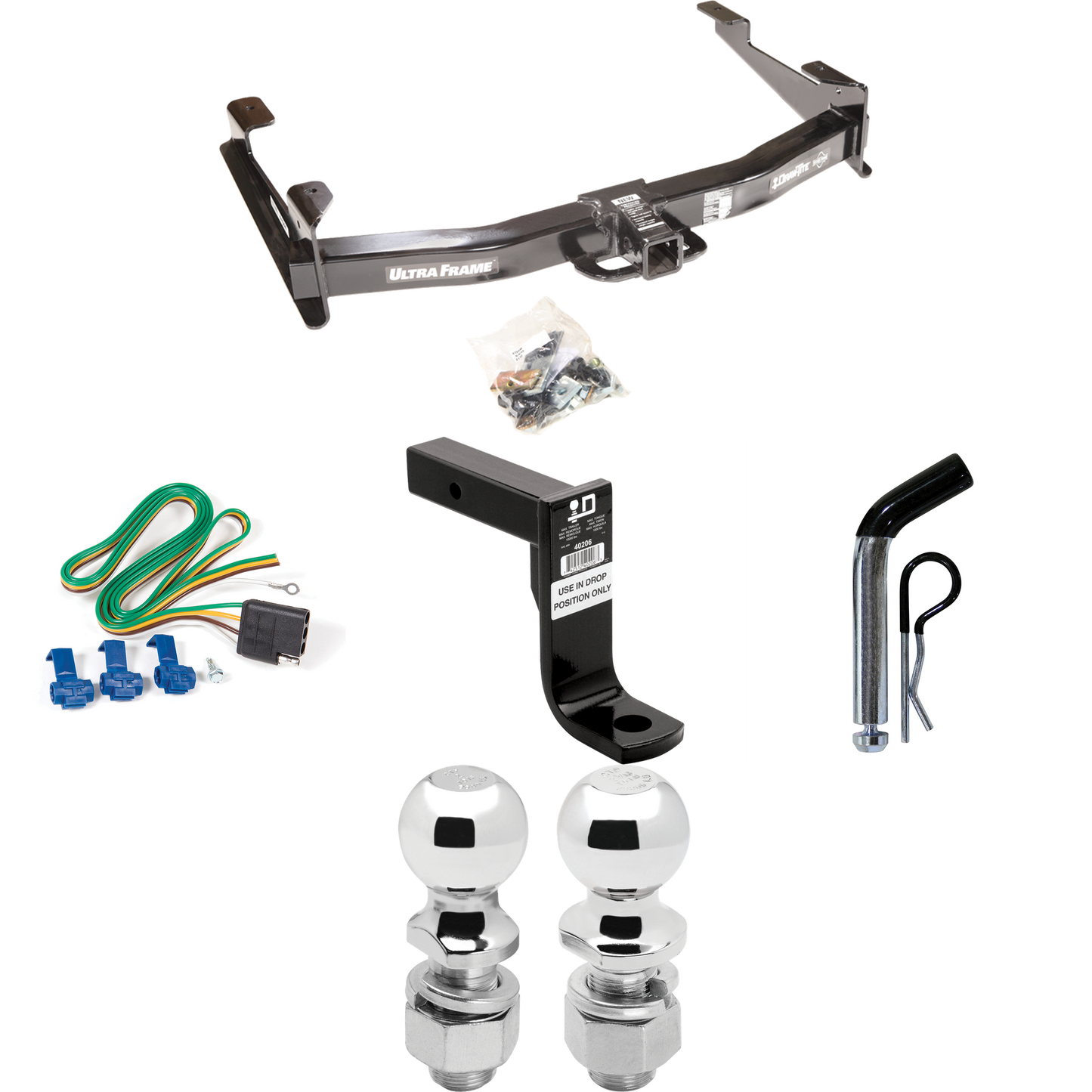 Fits 2001-2002 Chevrolet Silverado 2500 HD Trailer Hitch Tow PKG w/ 4-Flat Wiring Harness + Ball Mount w/ 8" Drop + Pin/Clip + 2" Ball + 2-5/16" Ball By Draw-Tite