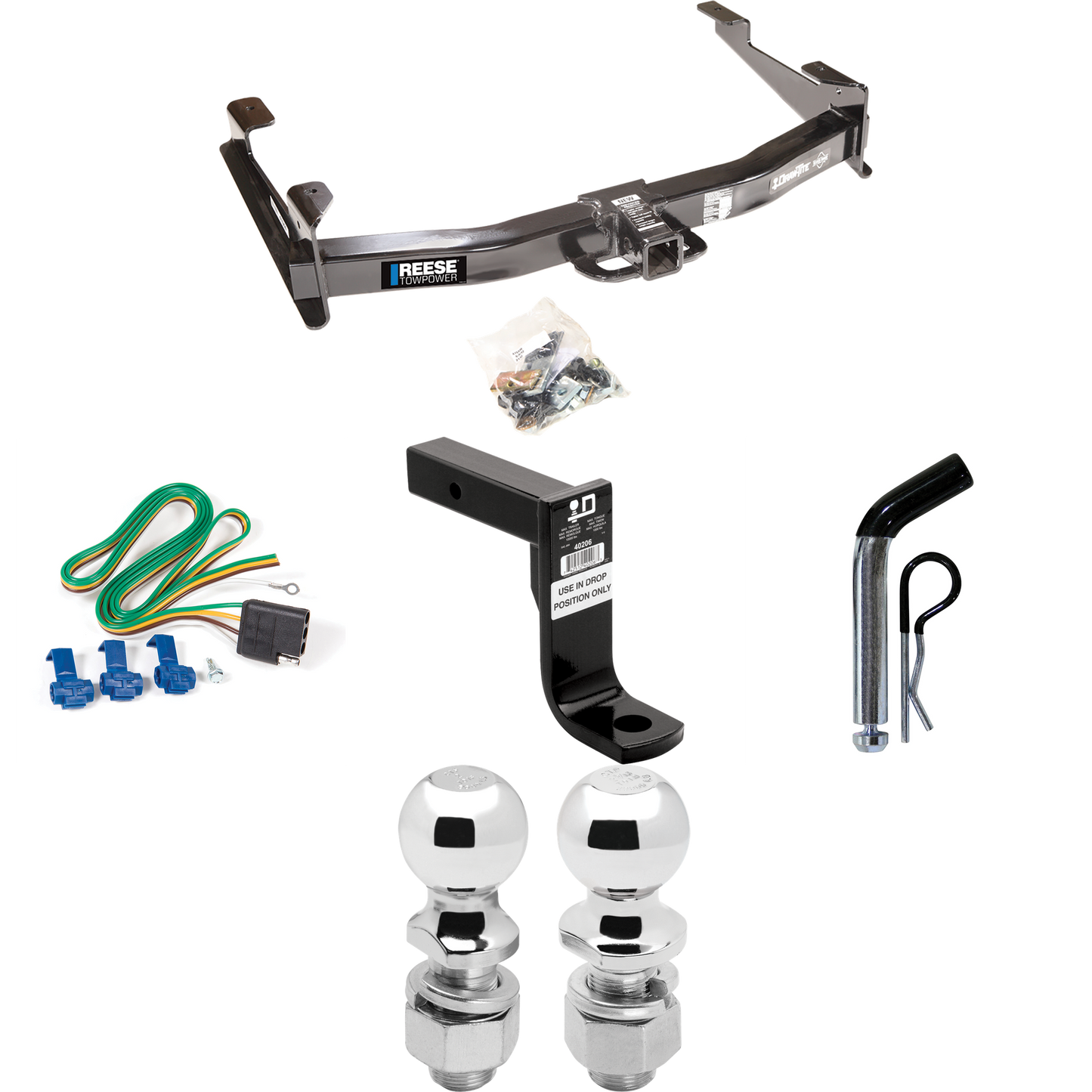 Fits 2001-2002 GMC Sierra 3500 Trailer Hitch Tow PKG w/ 4-Flat Wiring Harness + Ball Mount w/ 8" Drop + Pin/Clip + 2" Ball + 2-5/16" Ball By Reese Towpower