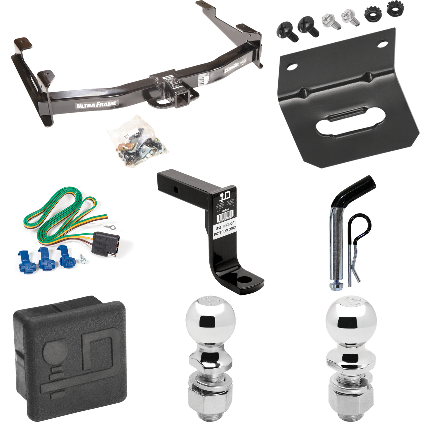 Fits 2003-2007 GMC Sierra 2500 HD Trailer Hitch Tow PKG w/ 4-Flat Wiring Harness + Ball Mount w/ 8" Drop + Pin/Clip + 2" Ball + 2-5/16" Ball + Hitch Cover + Wiring Bracket (For (Classic) Models) By Draw-Tite