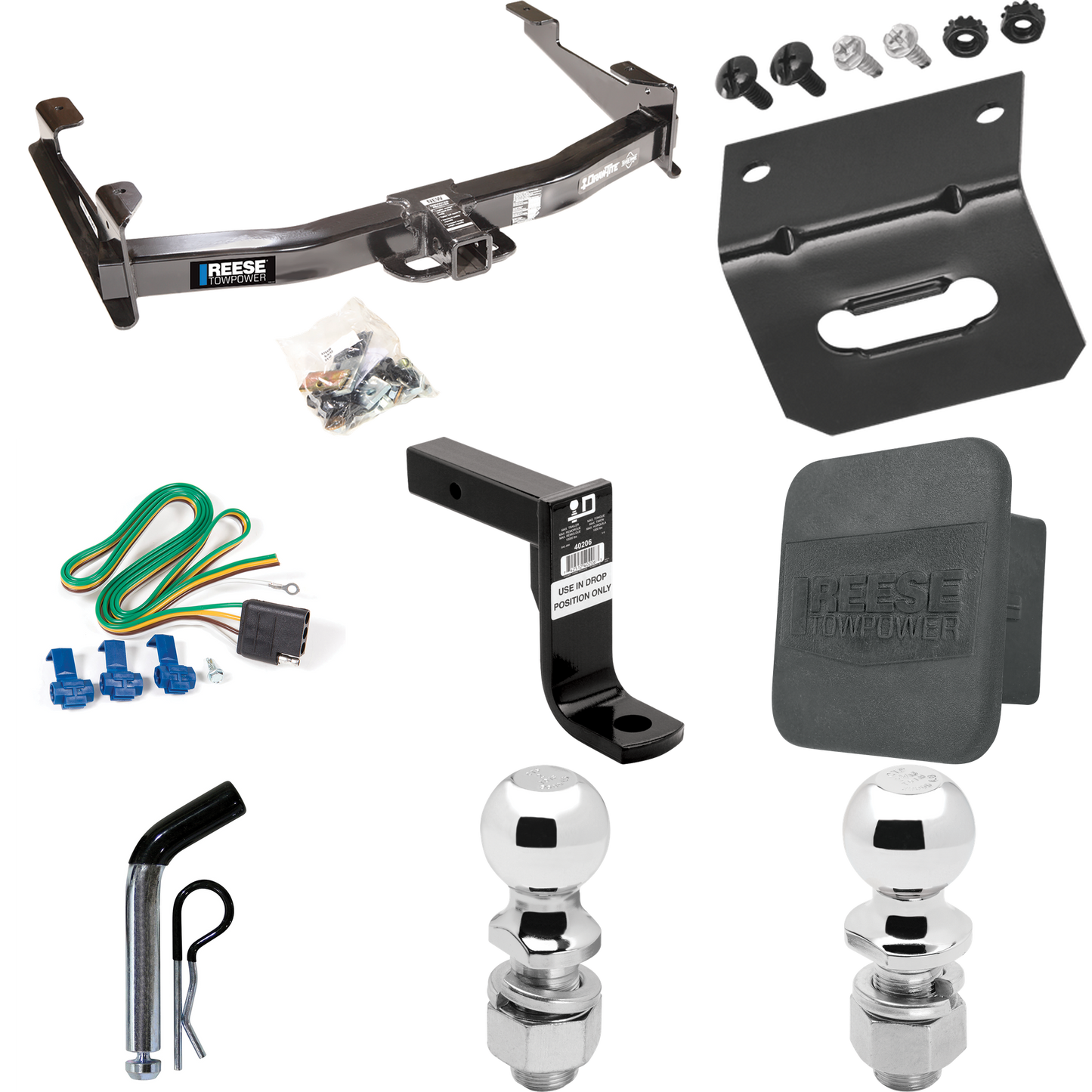 Fits 2001-2002 Chevrolet Silverado 3500 Trailer Hitch Tow PKG w/ 4-Flat Wiring Harness + Ball Mount w/ 8" Drop + Pin/Clip + 2" Ball + 2-5/16" Ball + Hitch Cover + Wiring Bracket By Reese Towpower