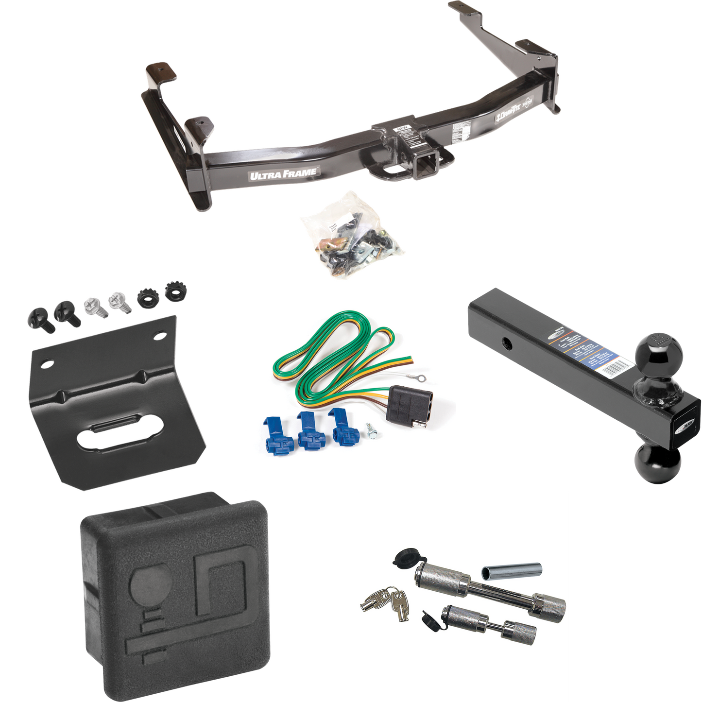 Fits 2001-2002 GMC Sierra 2500 HD Trailer Hitch Tow PKG w/ 4-Flat Wiring Harness + Dual Ball Ball Mount 2" & 2-5/16" Trailer Balls + Dual Hitch & Coupler Locks + Hitch Cover + Wiring Bracket By Draw-Tite