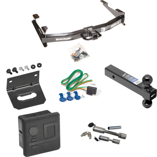 Fits 2001-2002 Chevrolet Silverado 3500 Trailer Hitch Tow PKG w/ 4-Flat Wiring Harness + Dual Ball Ball Mount 2" & 2-5/16" Trailer Balls + Dual Hitch & Coupler Locks + Hitch Cover + Wiring Bracket By Draw-Tite