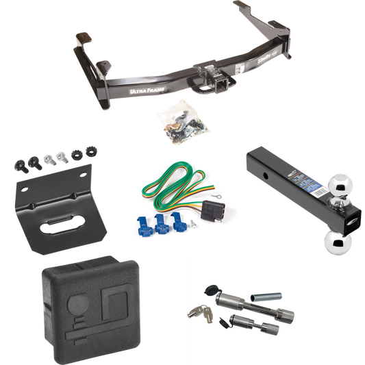 Fits 2001-2002 GMC Sierra 2500 HD Trailer Hitch Tow PKG w/ 4-Flat Wiring Harness + Dual Ball Ball Mount 2" & 2-5/16" Trailer Balls + Dual Hitch & Coupler Locks + Hitch Cover + Wiring Bracket By Draw-Tite