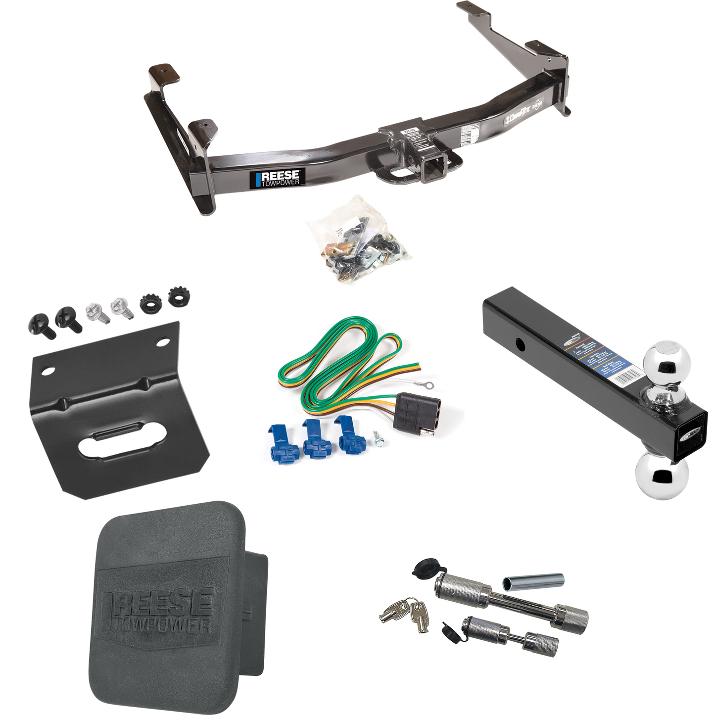 Fits 2001-2002 Chevrolet Silverado 2500 HD Trailer Hitch Tow PKG w/ 4-Flat Wiring Harness + Dual Ball Ball Mount 2" & 2-5/16" Trailer Balls + Dual Hitch & Coupler Locks + Hitch Cover + Wiring Bracket By Reese Towpower