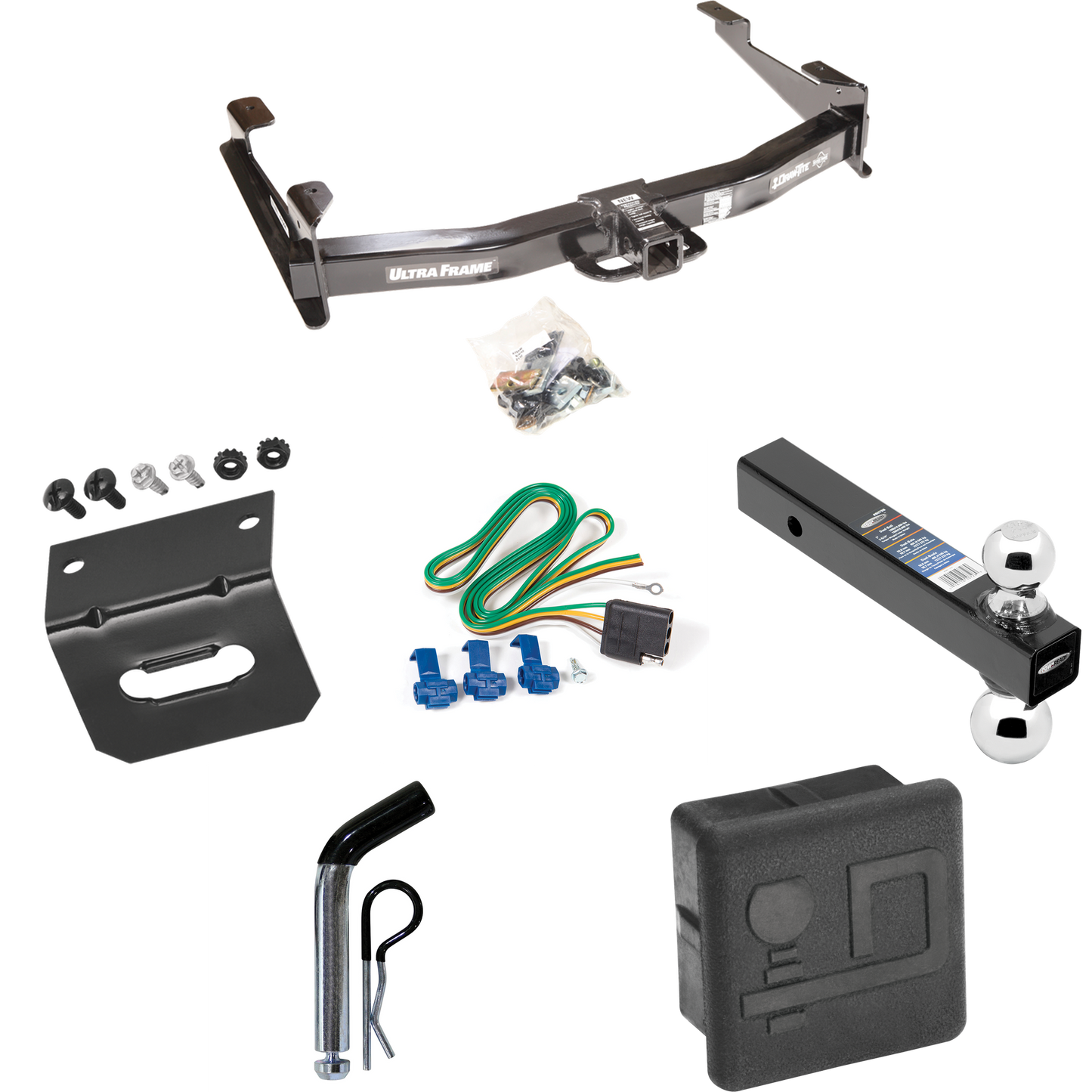 Fits 2001-2002 GMC Sierra 3500 Trailer Hitch Tow PKG w/ 4-Flat Wiring Harness + Dual Ball Ball Mount 2" & 2-5/16" Trailer Balls + Pin/Clip + Hitch Cover + Wiring Bracket By Draw-Tite