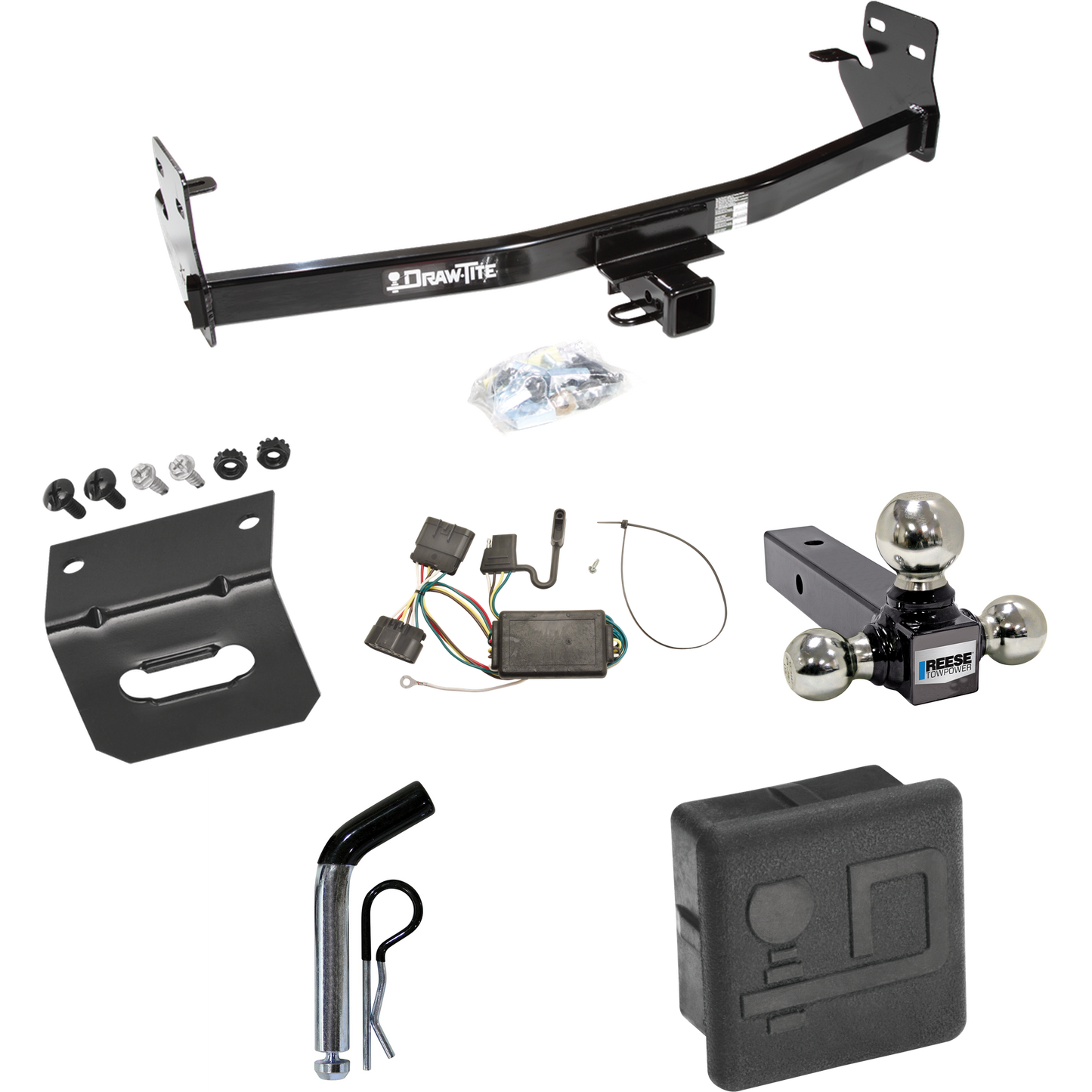 Fits 2004-2012 GMC Canyon Trailer Hitch Tow PKG w/ 4-Flat Wiring + Triple Ball Ball Mount 1-7/8" & 2" & 2-5/16" Trailer Balls + Pin/Clip + Wiring Bracket + Hitch Cover By Draw-Tite