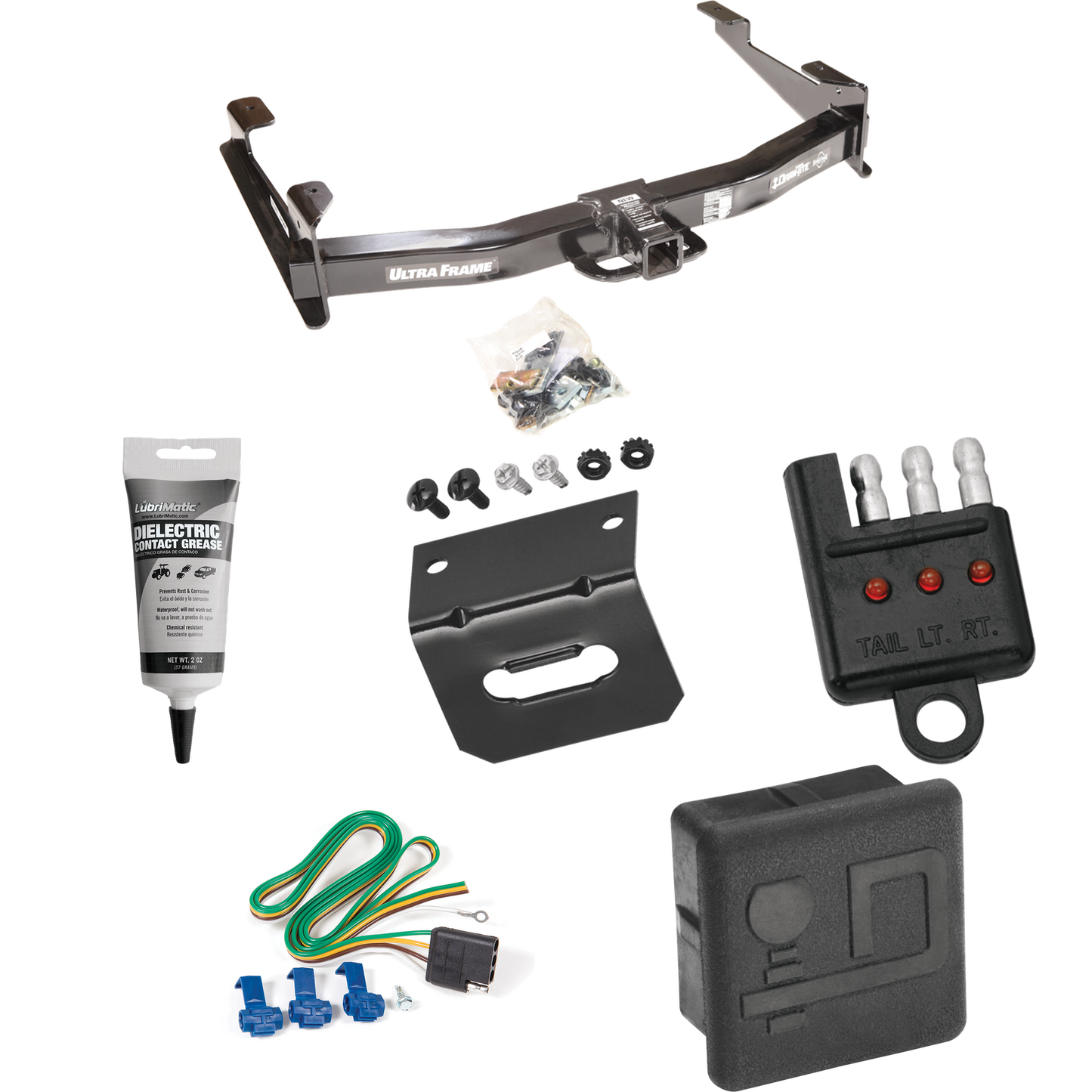 Fits 2001-2002 Chevrolet Silverado 2500 HD Trailer Hitch Tow PKG w/ 4-Flat Wiring Harness + Hitch Cover + Wiring Bracket + Wiring Tester + Electric Grease By Draw-Tite