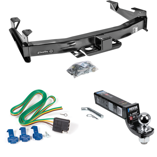 Fits 2001-2002 GMC Sierra 3500 Trailer Hitch Tow PKG w/ 4-Flat Wiring Harness + Interlock Ball Mount Starter Kit 3" Drop w/ 2" Ball By Draw-Tite