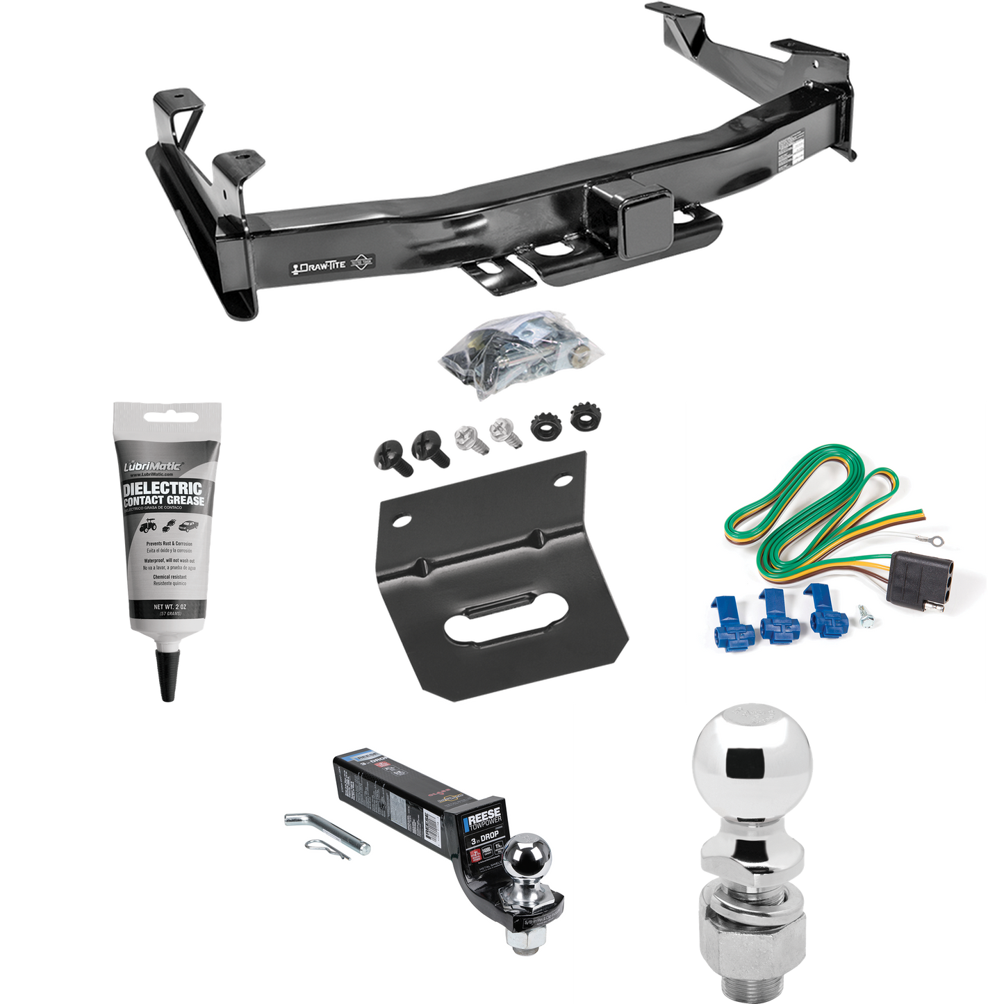 Fits 2001-2002 Chevrolet Silverado 2500 HD Trailer Hitch Tow PKG w/ 4-Flat Wiring Harness + Interlock Ball Mount Starter Kit 3" Drop w/ 2" Ball + 2-5/16" Ball + Wiring Bracket + Electric Grease By Draw-Tite