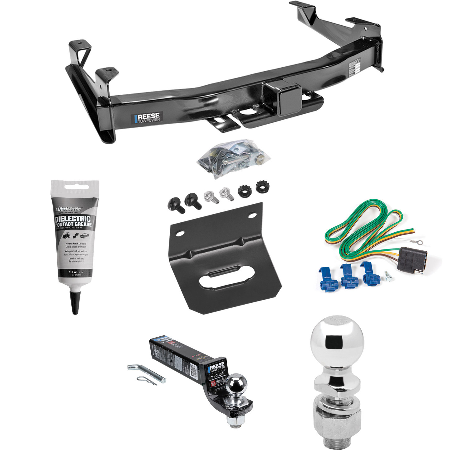 Fits 2001-2002 Chevrolet Silverado 3500 Trailer Hitch Tow PKG w/ 4-Flat Wiring Harness + Interlock Ball Mount Starter Kit 3" Drop w/ 2" Ball + 2-5/16" Ball + Wiring Bracket + Electric Grease By Reese Towpower