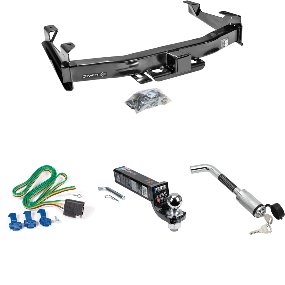 Fits 2003-2006 Chevrolet Silverado 3500 Trailer Hitch Tow PKG w/ 4-Flat Wiring Harness + Interlock Ball Mount Starter Kit 3" Drop w/ 2" Ball + Hitch Lock (For (Classic) Models) By Draw-Tite