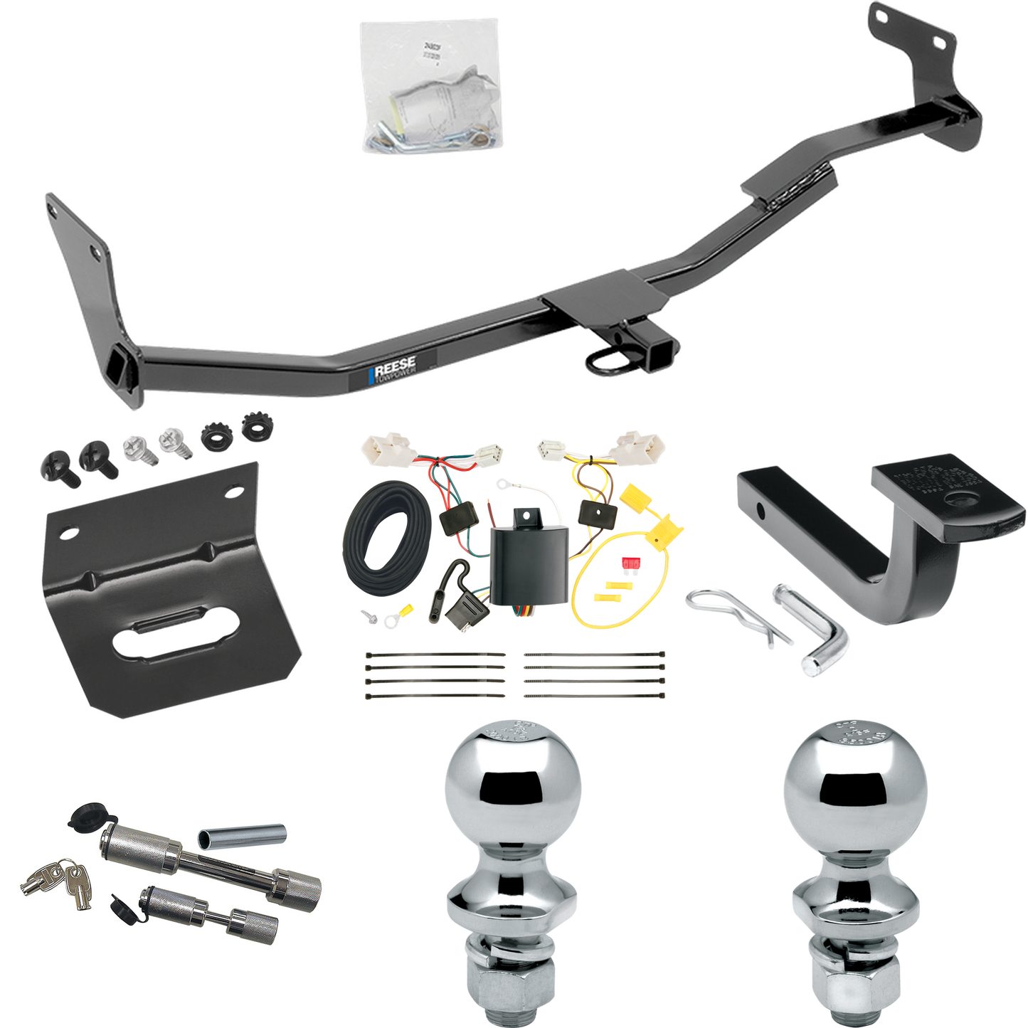 Se adapta al paquete de enganche de remolque KIA Forte 2014-2018 con arnés de cableado de 4 planos + barra de tracción + bola de 1-7/8" + bola de 2" + soporte de cableado + enganche doble y cerraduras de acoplador (para modelos sedán) de Reese Towpower