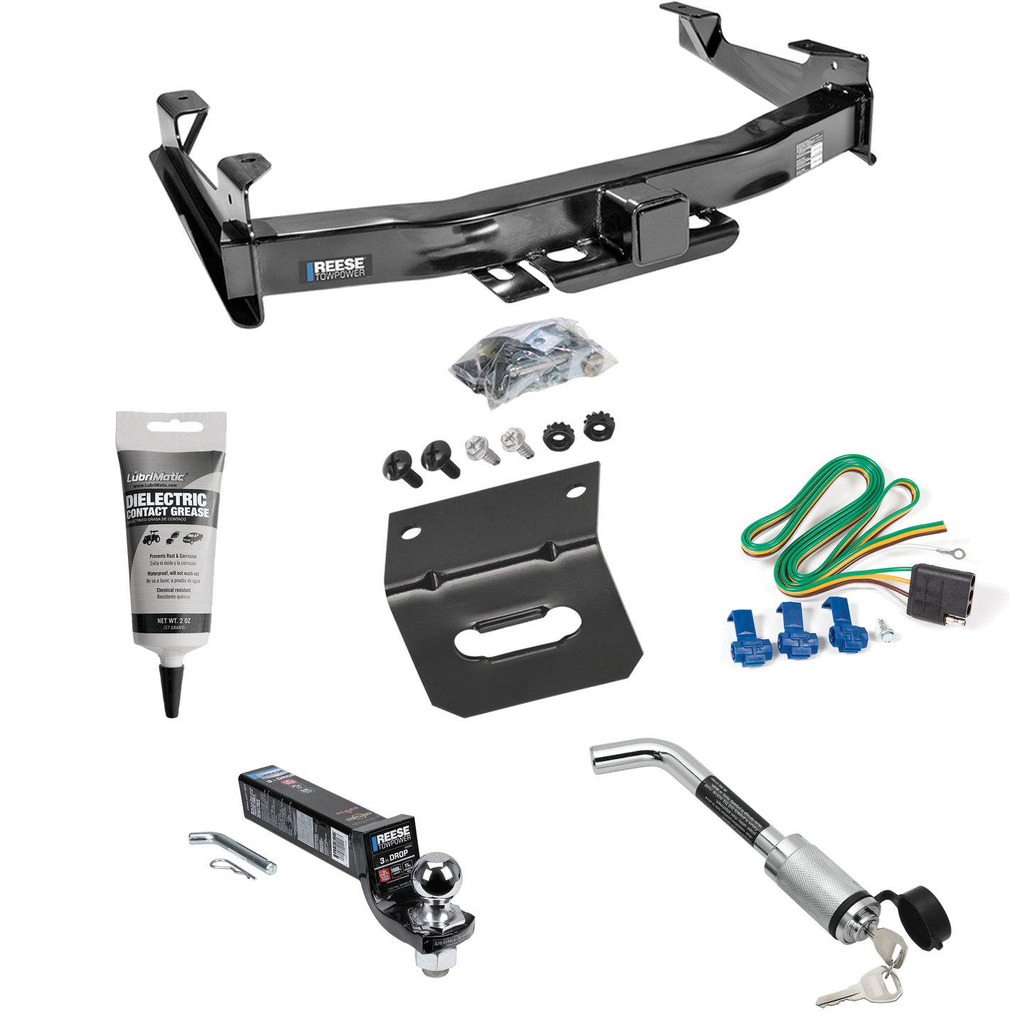 Fits 2001-2002 Chevrolet Silverado 2500 HD Trailer Hitch Tow PKG w/ 4-Flat Wiring Harness + Interlock Ball Mount Starter Kit 3" Drop w/ 2" Ball + Hitch Lock + Wiring Bracket + Electric Grease By Reese Towpower