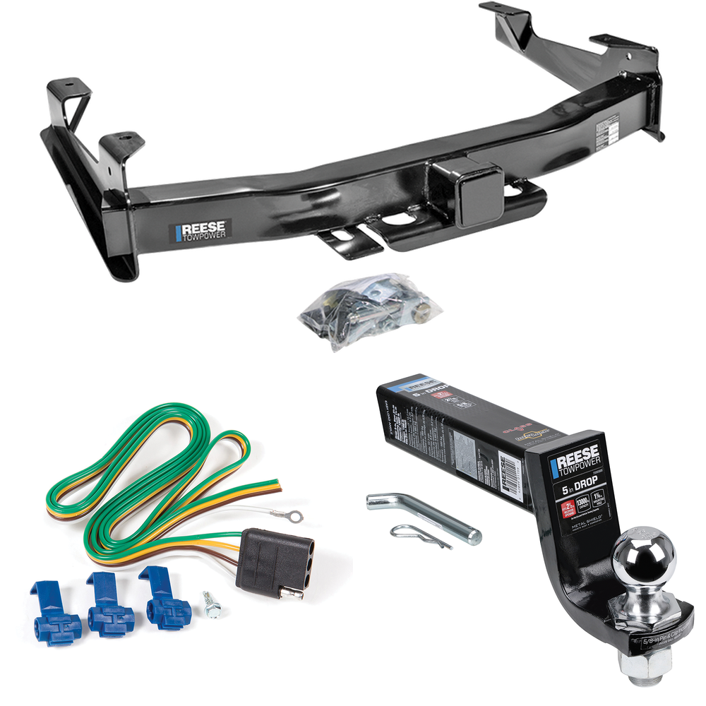 Fits 2001-2002 GMC Sierra 2500 HD Trailer Hitch Tow PKG w/ 4-Flat Wiring Harness + Interlock Ball Mount Starter Kit 5" Drop w/ 2" Ball By Reese Towpower