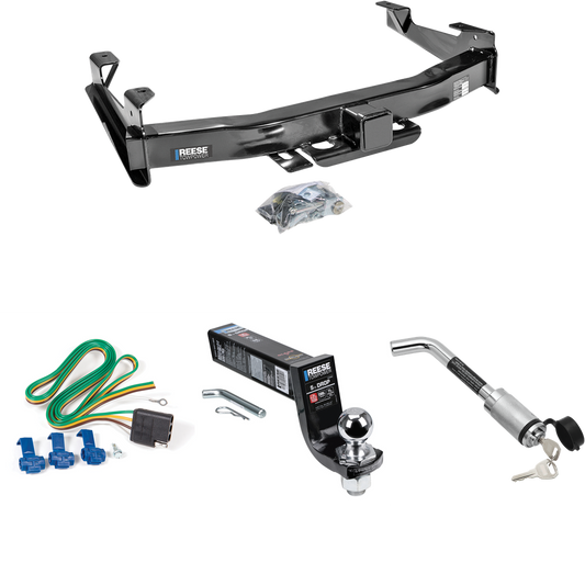 Fits 2001-2002 Chevrolet Silverado 3500 Trailer Hitch Tow PKG w/ 4-Flat Wiring Harness + Interlock Ball Mount Starter Kit 5" Drop w/ 2" Ball + Hitch Lock By Reese Towpower