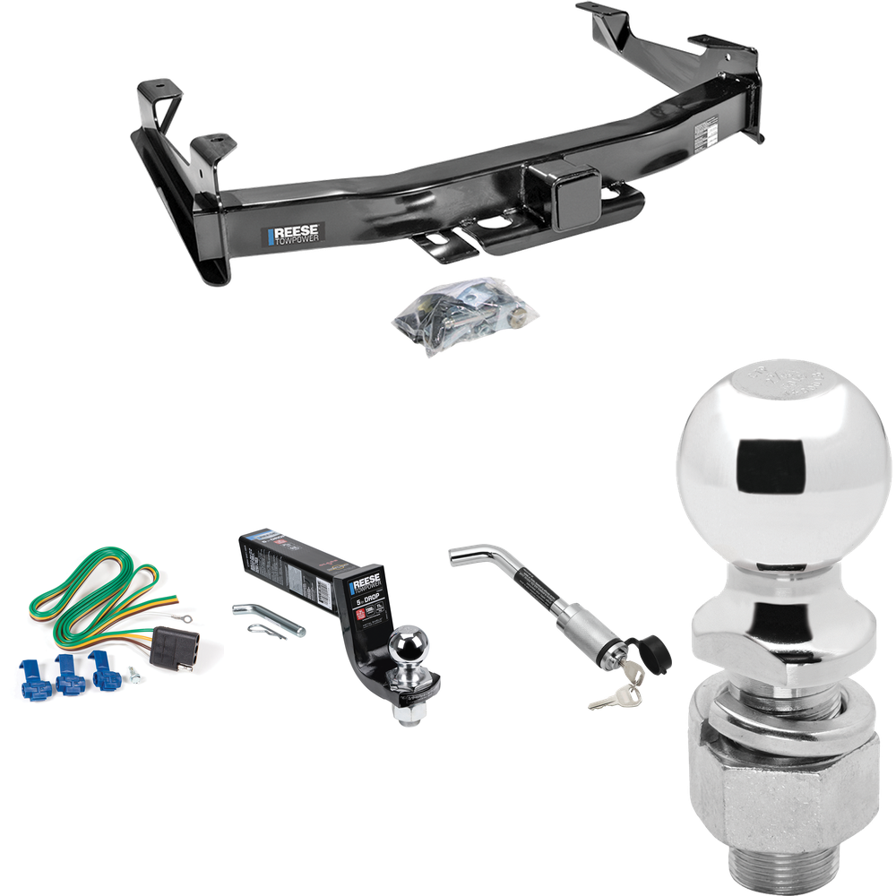 Fits 2001-2002 GMC Sierra 3500 Trailer Hitch Tow PKG w/ 4-Flat Wiring Harness + Interlock Ball Mount Starter Kit 5" Drop w/ 2" Ball + Hitch Lock + 2-5/16" Ball + Hitch Lock By Reese Towpower