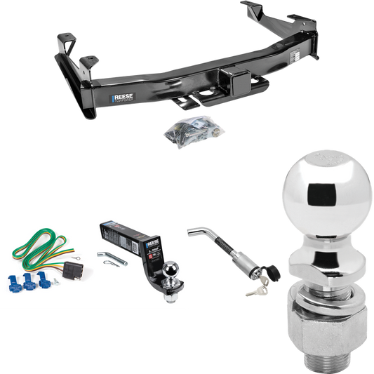 Fits 2001-2002 GMC Sierra 3500 Trailer Hitch Tow PKG w/ 4-Flat Wiring Harness + Interlock Ball Mount Starter Kit 5" Drop w/ 2" Ball + Hitch Lock + 2-5/16" Ball + Hitch Lock By Reese Towpower