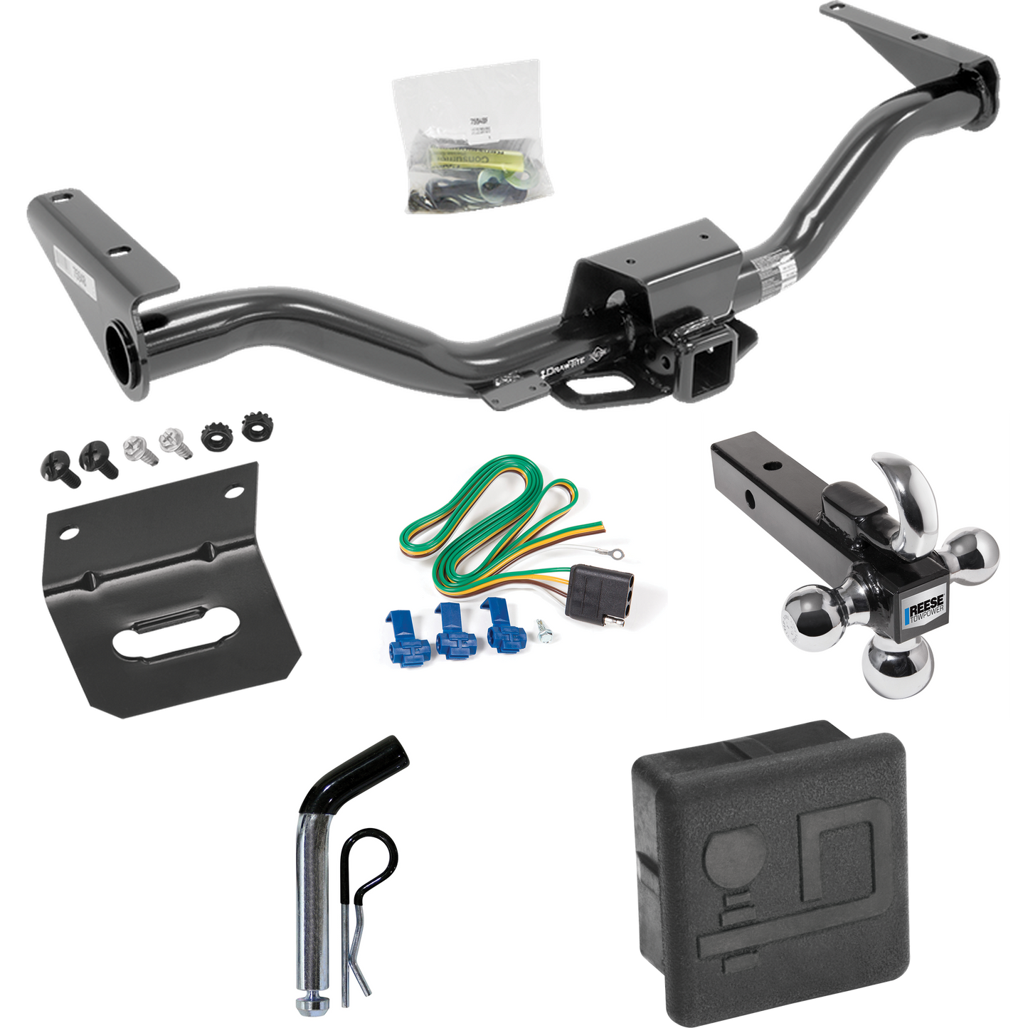 Fits 2015-2022 Chevrolet Colorado Trailer Hitch Tow PKG w/ 4-Flat Wiring + Triple Ball Ball Mount 1-7/8" & 2" & 2-5/16" Trailer Balls w/ Tow Hook + Pin/Clip + Wiring Bracket + Hitch Cover By Draw-Tite