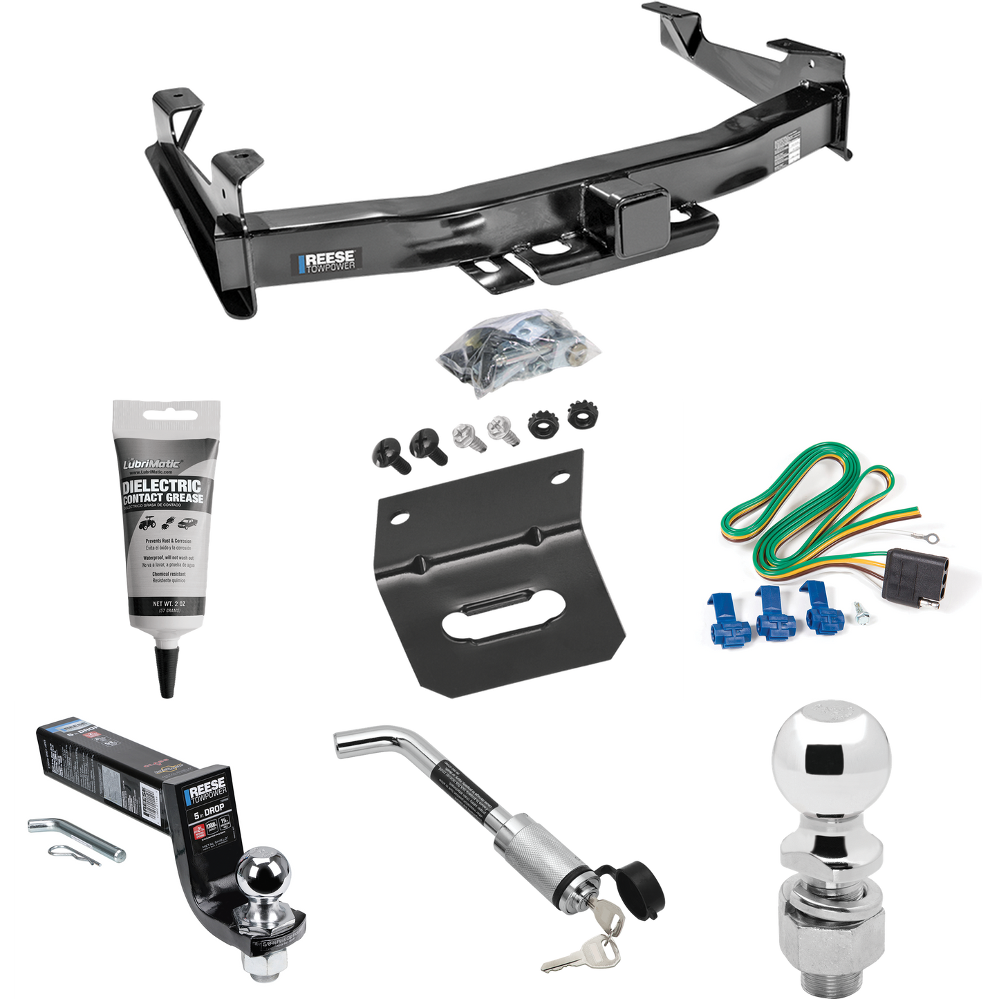 Fits 2001-2002 Chevrolet Silverado 3500 Trailer Hitch Tow PKG w/ 4-Flat Wiring Harness + Interlock Ball Mount Starter Kit 5" Drop w/ 2" Ball + Hitch Lock + 2-5/16" Ball + Hitch Lock + Wiring Bracket + Electric Grease By Reese Towpower