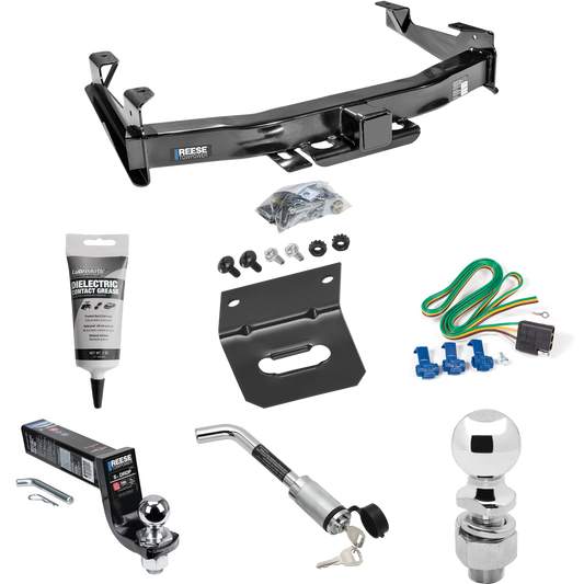 Fits 2001-2002 Chevrolet Silverado 3500 Trailer Hitch Tow PKG w/ 4-Flat Wiring Harness + Interlock Ball Mount Starter Kit 5" Drop w/ 2" Ball + Hitch Lock + 2-5/16" Ball + Hitch Lock + Wiring Bracket + Electric Grease By Reese Towpower