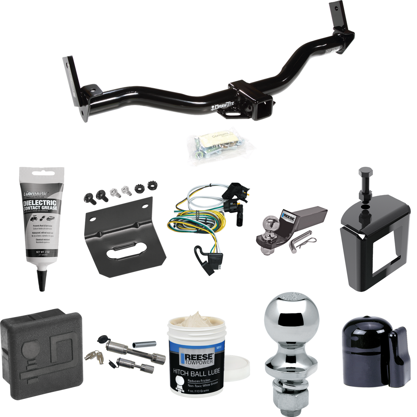 Fits 2001-2003 Ford Explorer Sport Trailer Hitch Tow PKG w/ 4-Flat Wiring + Starter Kit Ball Mount w/ 2" Drop & 2" Ball + 1-7/8" Ball + Wiring Bracket + Dual Hitch & Coupler Locks + Hitch Cover + Wiring Tester + Ball Lube +Electric Grease + Ball Wren