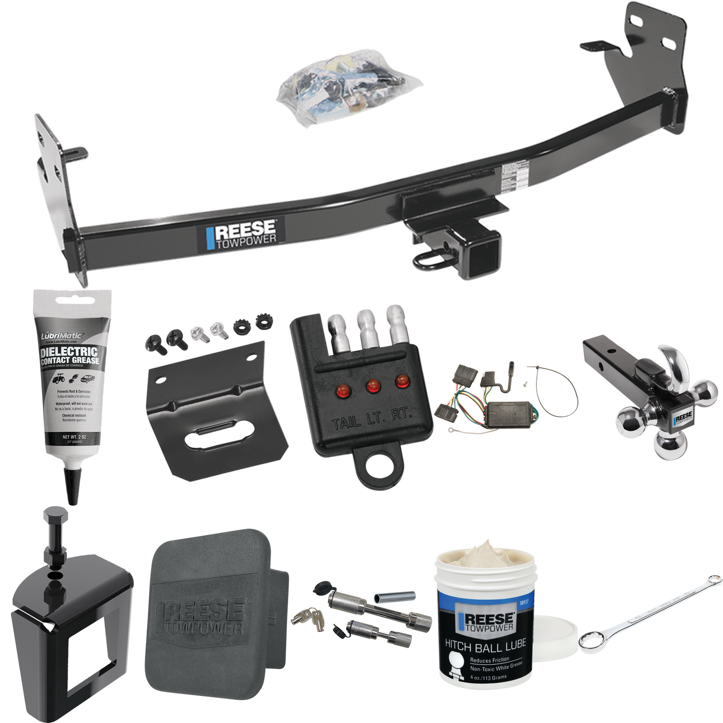 Fits 2007-2008 Isuzu i-290 Trailer Hitch Tow PKG w/ 4-Flat Wiring + Triple Ball Ball Mount 1-7/8" & 2" & 2-5/16" Trailer Balls w/ Tow Hook + Wiring Bracket + Hitch Cover + Dual Hitch & Coupler Locks + Wiring Tester + Ball Lube + Electric Grease + Bal