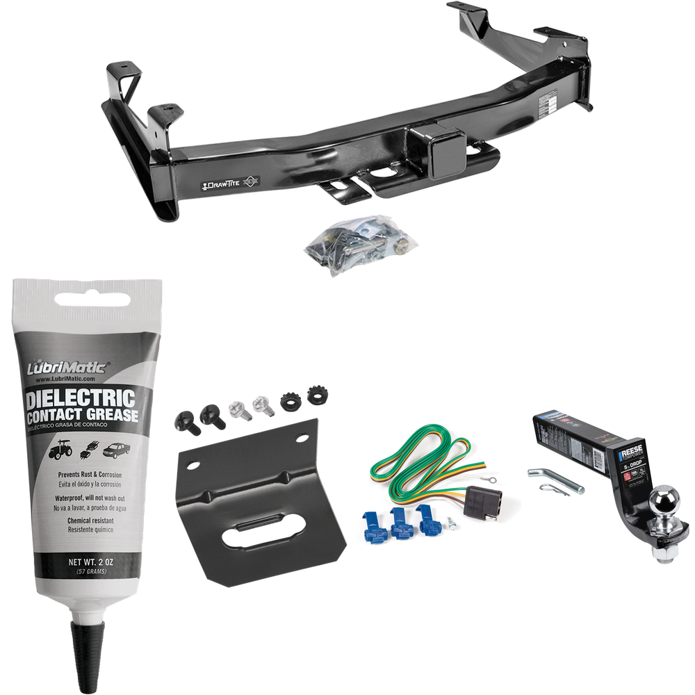 Fits 2001-2002 Chevrolet Silverado 2500 HD Trailer Hitch Tow PKG w/ 4-Flat Wiring Harness + Interlock Ball Mount Starter Kit 5" Drop w/ 2" Ball + Wiring Bracket + Electric Grease By Draw-Tite