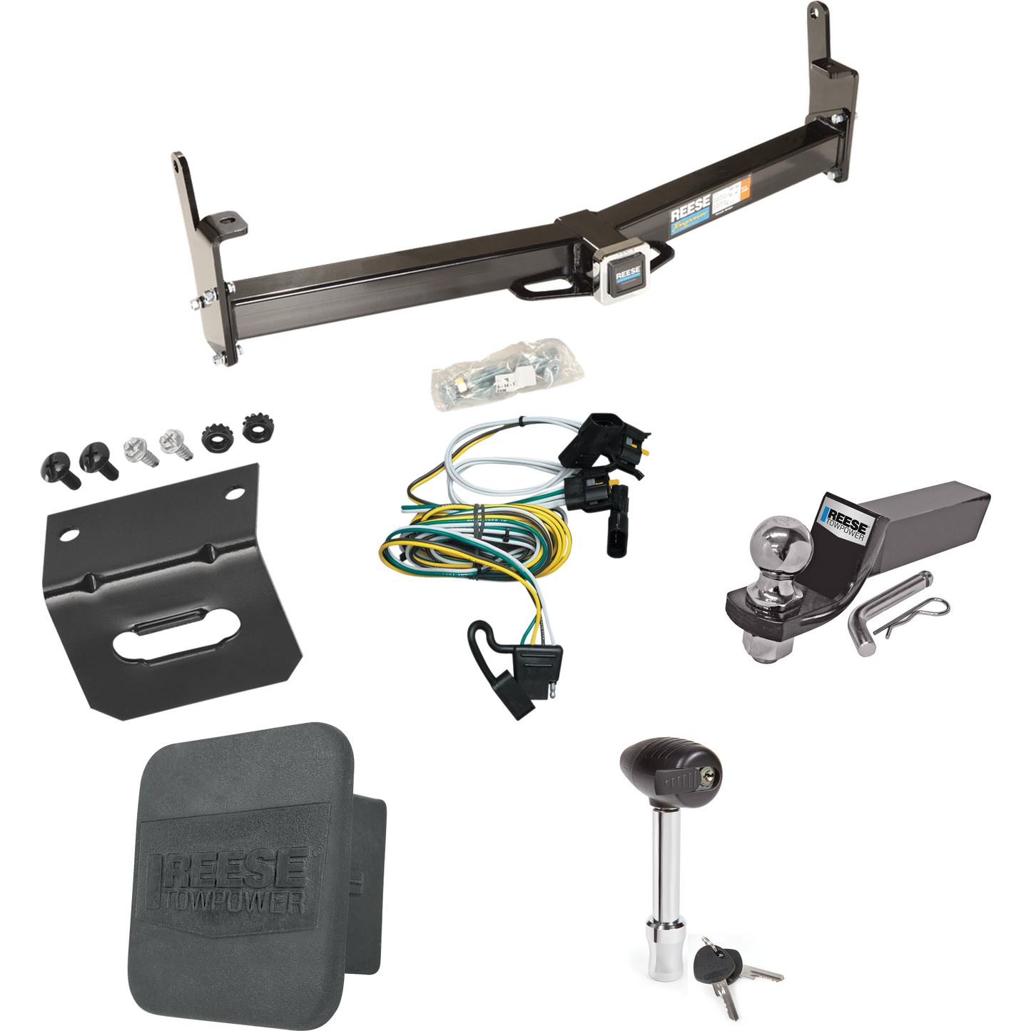 Fits 2001-2003 Ford Explorer Sport Trailer Hitch Tow PKG w/ 4-Flat Wiring + Starter Kit Ball Mount w/ 2" Drop & 2" Ball + 1-7/8" Ball + Wiring Bracket + Hitch Lock + Hitch Cover By Reese Towpower