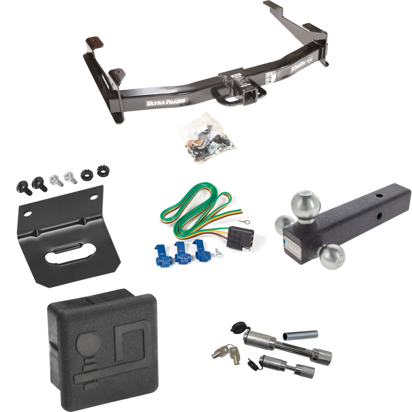 Fits 2001-2002 Chevrolet Silverado 3500 Trailer Hitch Tow PKG w/ 4-Flat Wiring Harness + Triple Ball Ball Mount 1-7/8" & 2" & 2-5/16" Trailer Balls + Dual Hitch & Coupler Locks + Hitch Cover + Wiring Bracket By Draw-Tite