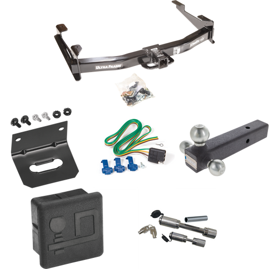 Fits 2001-2002 Chevrolet Silverado 3500 Trailer Hitch Tow PKG w/ 4-Flat Wiring Harness + Triple Ball Ball Mount 1-7/8" & 2" & 2-5/16" Trailer Balls + Dual Hitch & Coupler Locks + Hitch Cover + Wiring Bracket By Draw-Tite