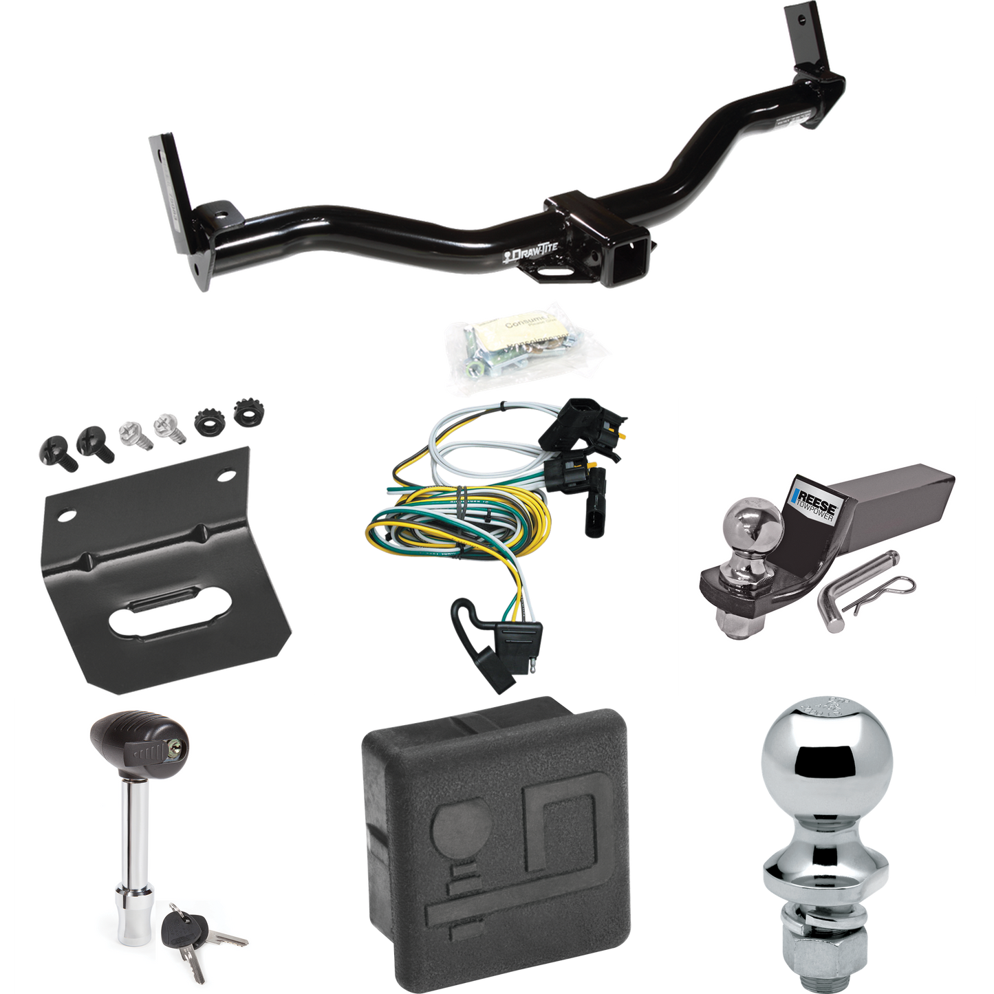 Fits 2001-2003 Ford Explorer Sport Trailer Hitch Tow PKG w/ 4-Flat Wiring + Starter Kit Ball Mount w/ 2" Drop & 2" Ball + 1-7/8" Ball + Wiring Bracket + Hitch Lock + Hitch Cover By Draw-Tite