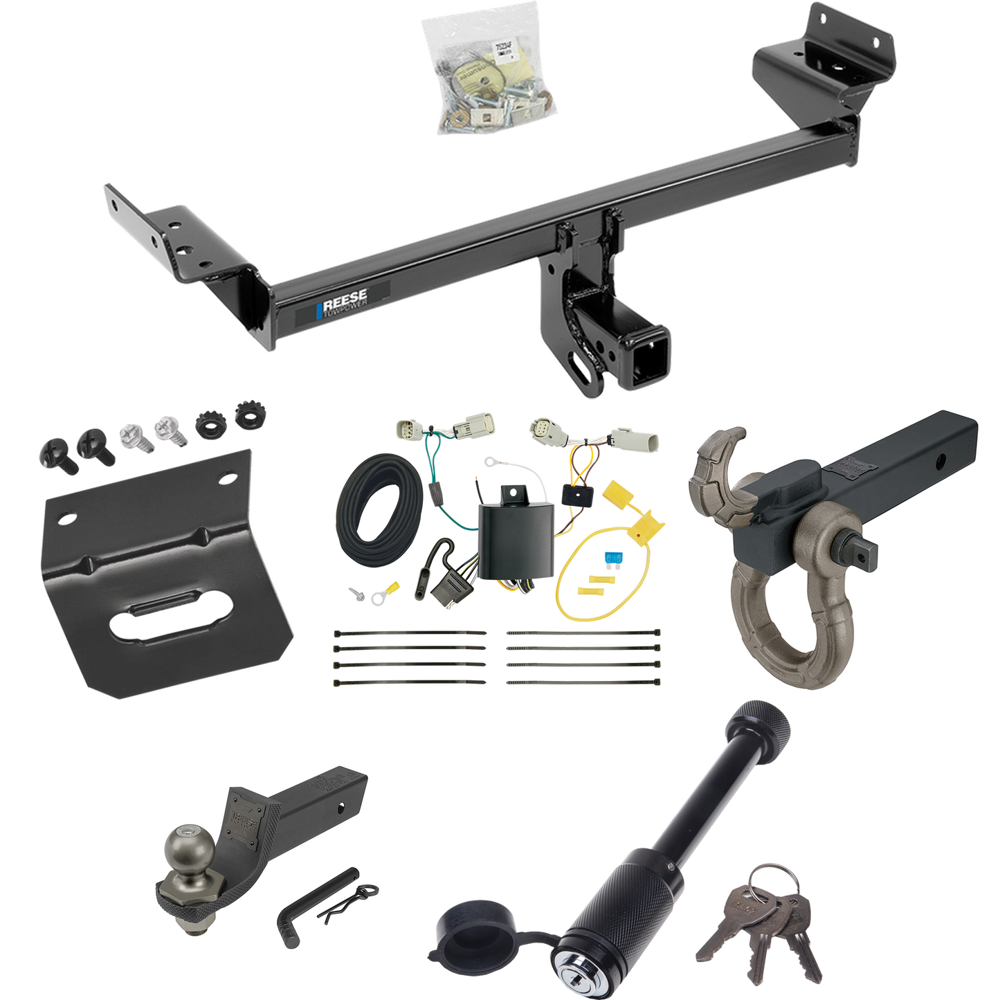 Fits 2016-2018 Lincoln MKX Trailer Hitch Tow PKG w/ 4-Flat Wiring + Interlock Tactical Starter Kit w/ 2" Drop & 2" Ball + Tactical Hook & Shackle Mount + Tactical Dogbone Lock + Wiring Bracket By Reese Towpower