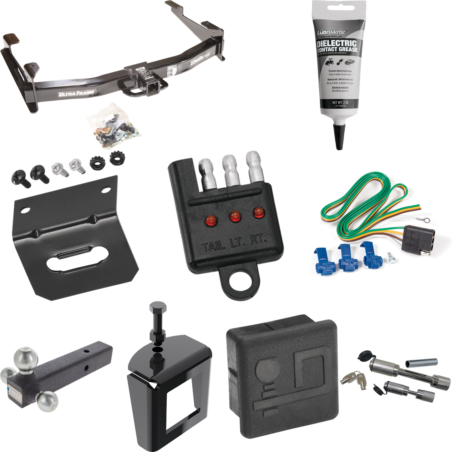 Fits 2001-2002 GMC Sierra 2500 HD Trailer Hitch Tow PKG w/ 4-Flat Wiring Harness + Triple Ball Ball Mount 1-7/8" & 2" & 2-5/16" Trailer Balls + Dual Hitch & Coupler Locks + Hitch Cover + Wiring Bracket + Wiring Tester + Electric Grease + Anti Rattle