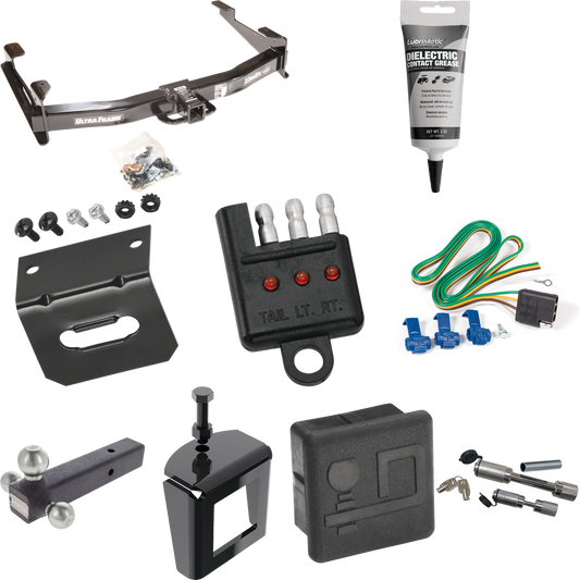 Fits 2001-2002 GMC Sierra 2500 HD Trailer Hitch Tow PKG w/ 4-Flat Wiring Harness + Triple Ball Ball Mount 1-7/8" & 2" & 2-5/16" Trailer Balls + Dual Hitch & Coupler Locks + Hitch Cover + Wiring Bracket + Wiring Tester + Electric Grease + Anti Rattle