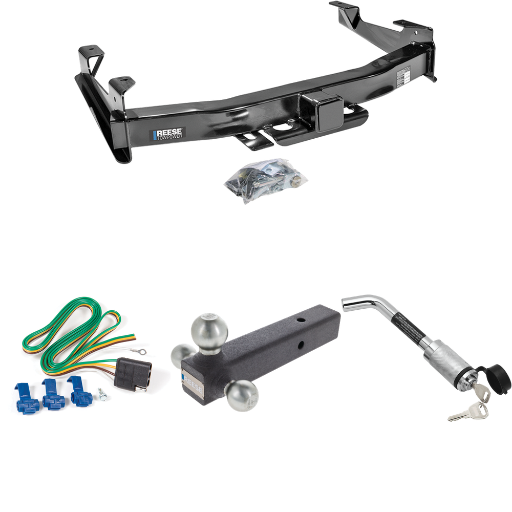 Fits 2001-2002 Chevrolet Silverado 2500 HD Trailer Hitch Tow PKG w/ 4-Flat Wiring Harness + Triple Ball Ball Mount 1-7/8" & 2" & 2-5/16" Trailer Balls + Hitch Lock By Reese Towpower