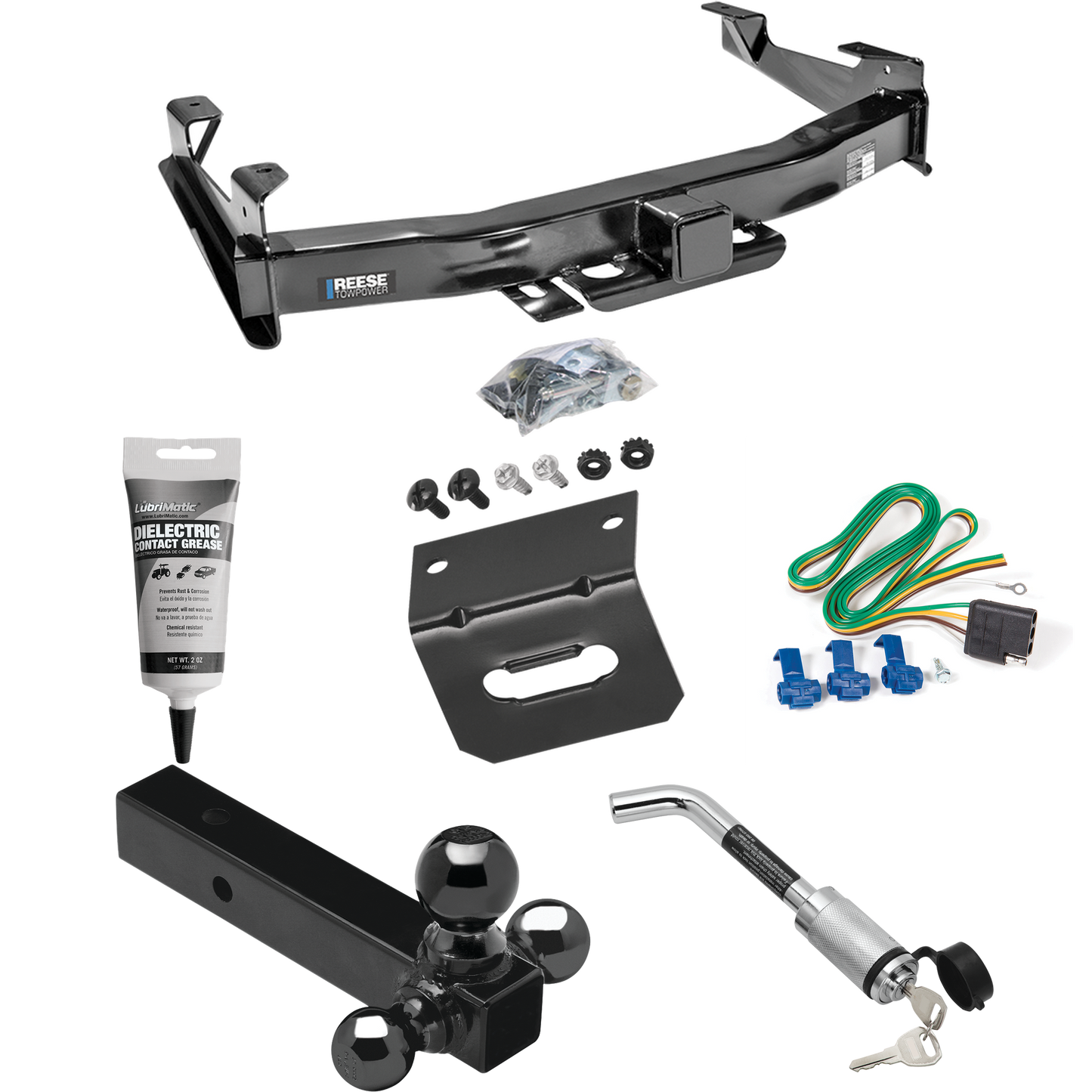 Fits 2003-2007 GMC Sierra 3500 Trailer Hitch Tow PKG w/ 4-Flat Wiring Harness + Triple Ball Ball Mount 1-7/8" & 2" & 2-5/16" Trailer Balls + Hitch Lock + Wiring Bracket + Electric Grease (For (Classic) Models) By Reese Towpower