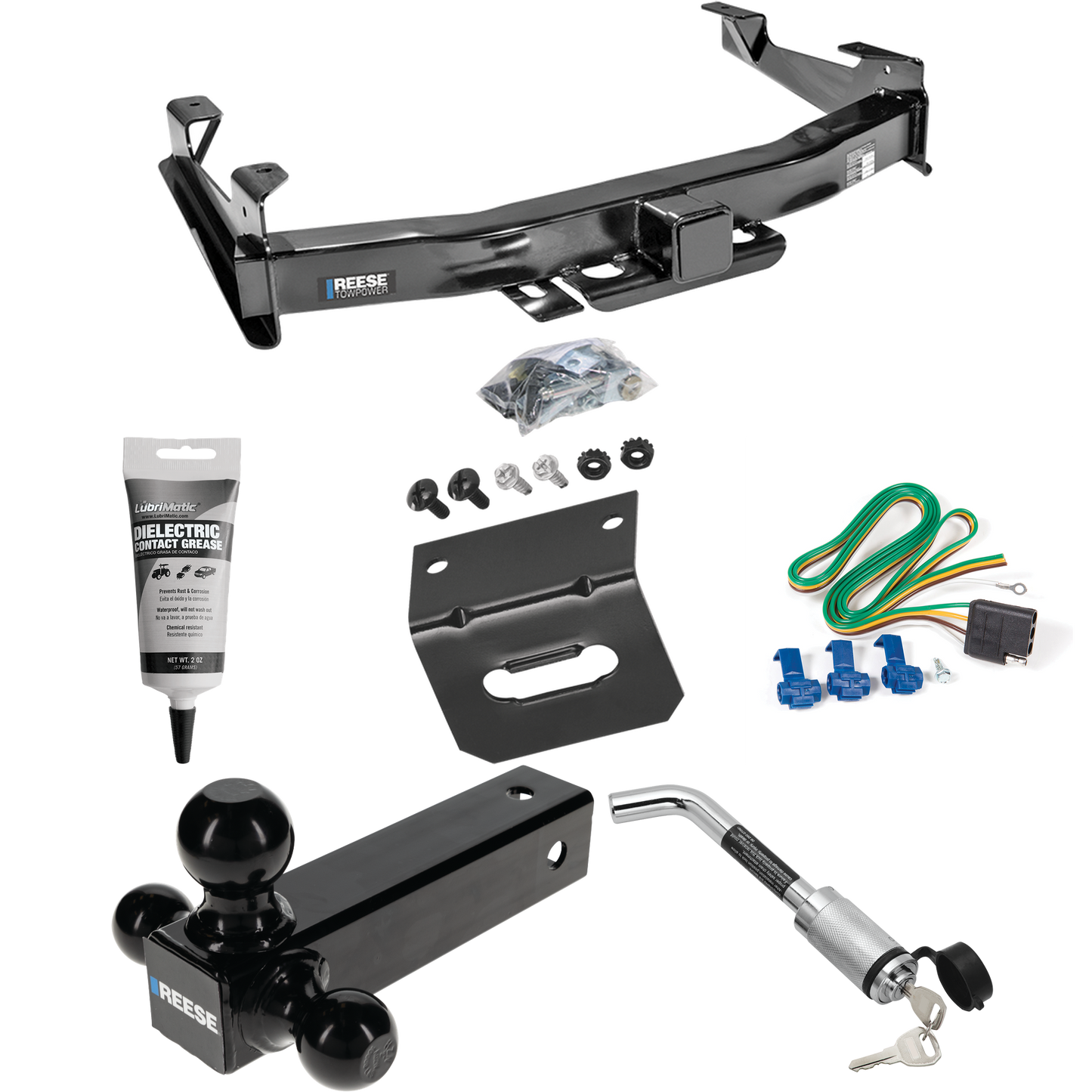 Fits 2001-2002 GMC Sierra 2500 HD Trailer Hitch Tow PKG w/ 4-Flat Wiring Harness + Triple Ball Ball Mount 1-7/8" & 2" & 2-5/16" Trailer Balls + Hitch Lock + Wiring Bracket + Electric Grease By Reese Towpower