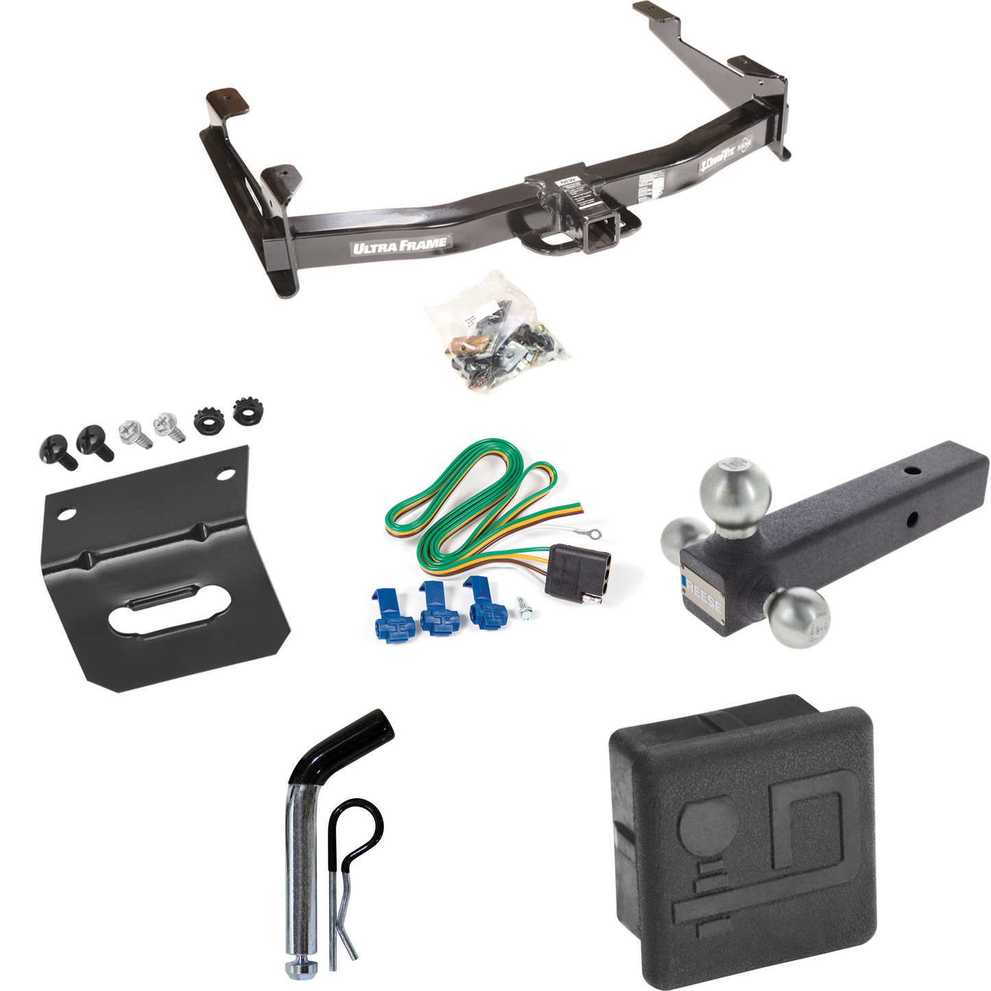 Fits 2001-2002 GMC Sierra 3500 Trailer Hitch Tow PKG w/ 4-Flat Wiring Harness + Triple Ball Ball Mount 1-7/8" & 2" & 2-5/16" Trailer Balls + Pin/Clip + Hitch Cover + Wiring Bracket By Draw-Tite