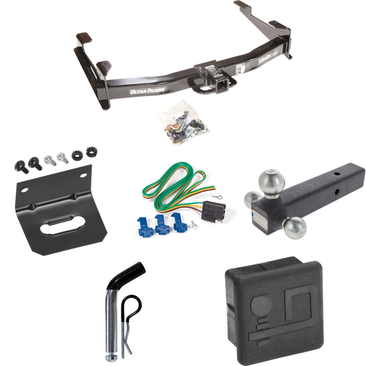 Fits 2001-2002 GMC Sierra 3500 Trailer Hitch Tow PKG w/ 4-Flat Wiring Harness + Triple Ball Ball Mount 1-7/8" & 2" & 2-5/16" Trailer Balls + Pin/Clip + Hitch Cover + Wiring Bracket By Draw-Tite