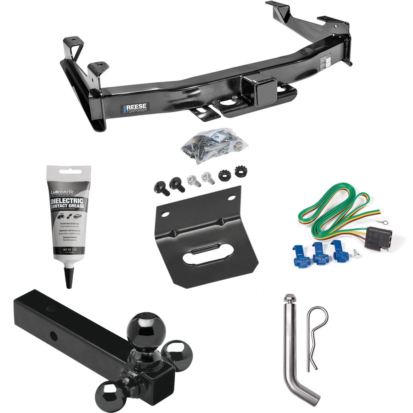 Fits 2003-2006 Chevrolet Silverado 3500 Trailer Hitch Tow PKG w/ 4-Flat Wiring Harness + Triple Ball Ball Mount 1-7/8" & 2" & 2-5/16" Trailer Balls + Pin/Clip + Wiring Bracket + Electric Grease (For (Classic) Models) By Reese Towpower