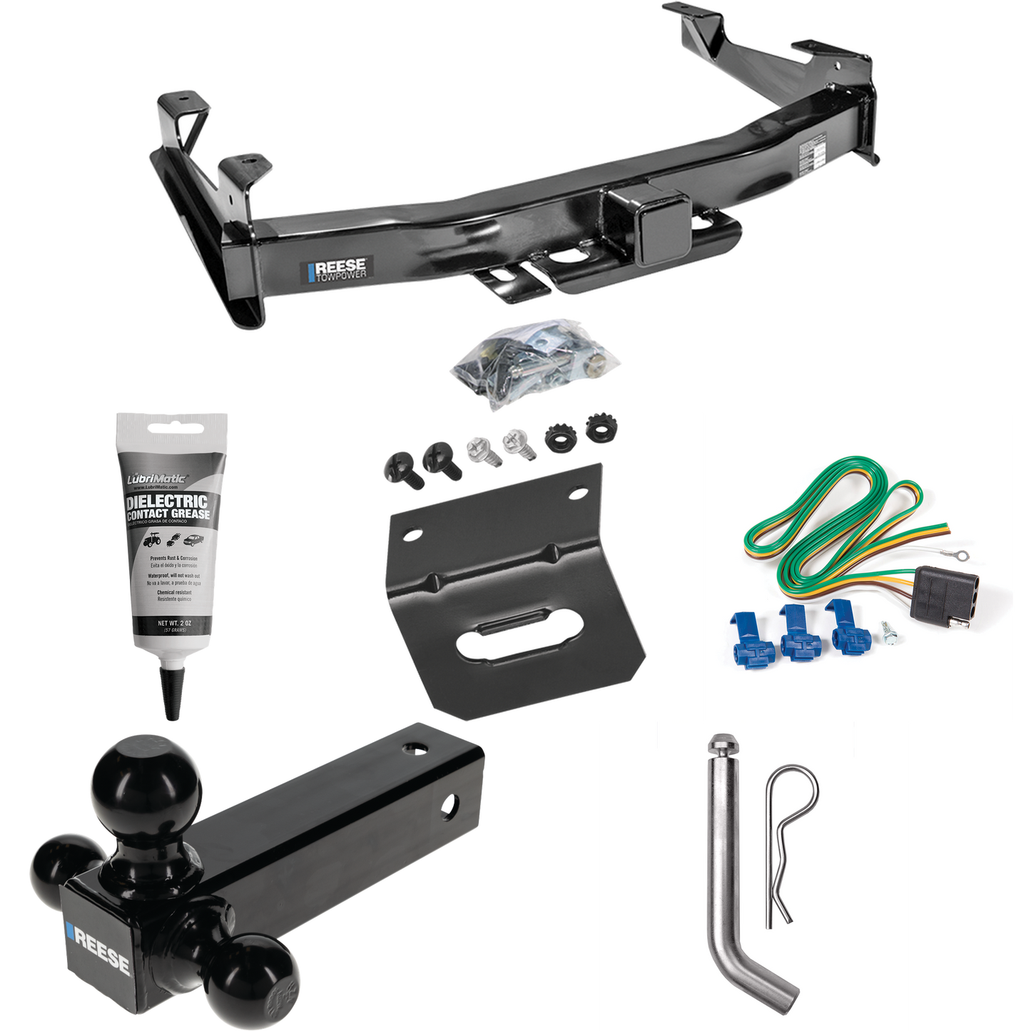 Fits 2001-2002 GMC Sierra 3500 Trailer Hitch Tow PKG w/ 4-Flat Wiring Harness + Triple Ball Ball Mount 1-7/8" & 2" & 2-5/16" Trailer Balls + Pin/Clip + Wiring Bracket + Electric Grease By Reese Towpower