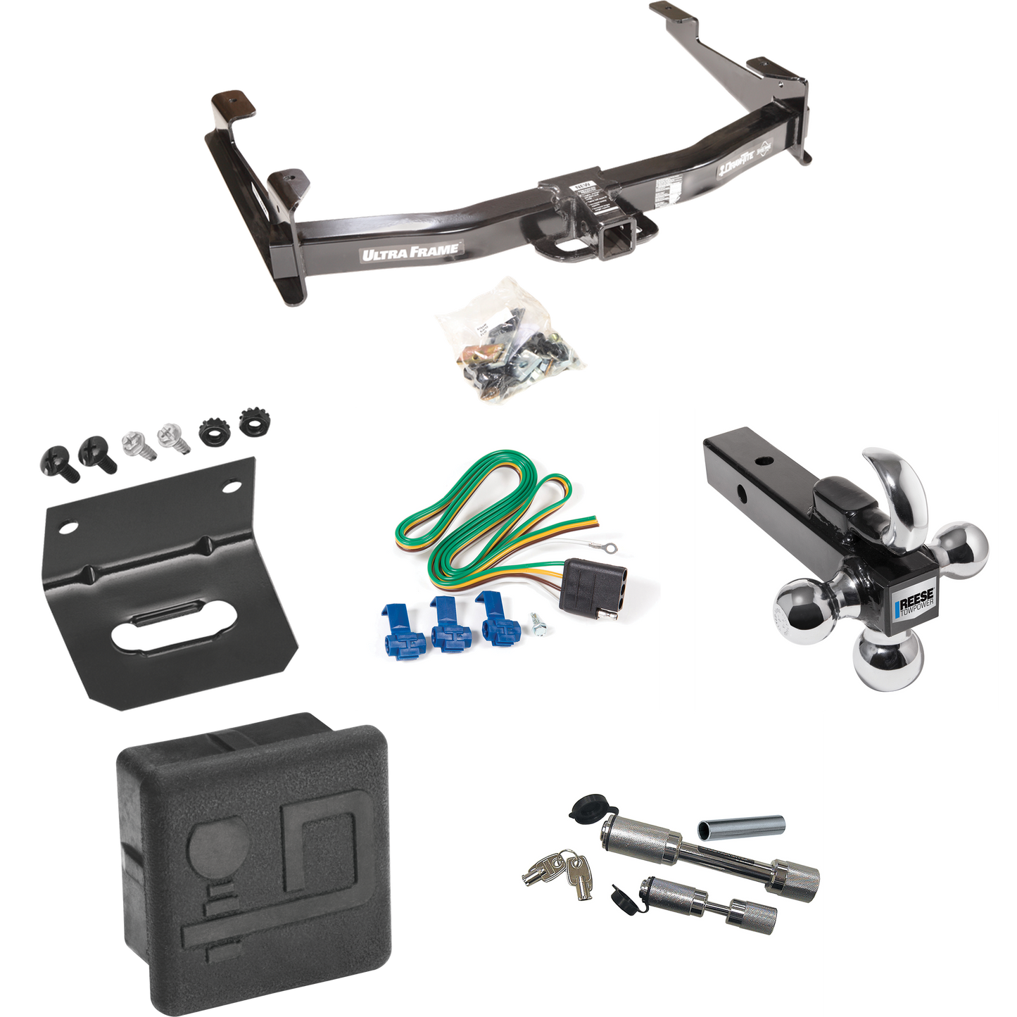 Fits 2003-2007 GMC Sierra 2500 HD Trailer Hitch Tow PKG w/ 4-Flat Wiring Harness + Triple Ball Ball Mount 1-7/8" & 2" & 2-5/16" Trailer Balls w/ Tow Hook + Dual Hitch & Coupler Locks + Hitch Cover + Wiring Bracket (For (Classic) Models) By Draw-Tite