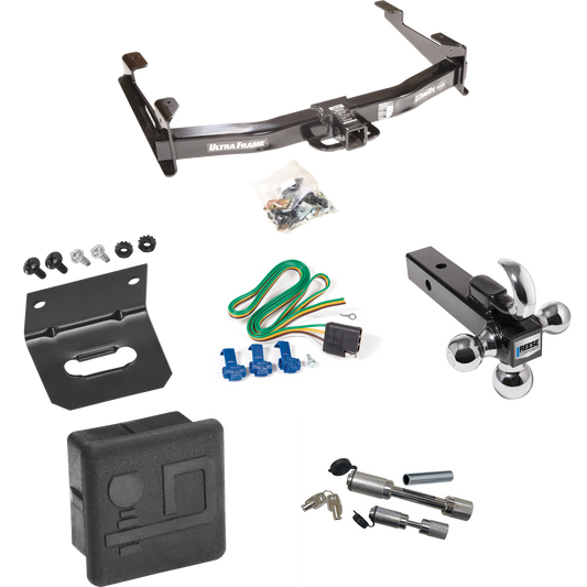 Fits 2003-2007 GMC Sierra 2500 HD Trailer Hitch Tow PKG w/ 4-Flat Wiring Harness + Triple Ball Ball Mount 1-7/8" & 2" & 2-5/16" Trailer Balls w/ Tow Hook + Dual Hitch & Coupler Locks + Hitch Cover + Wiring Bracket (For (Classic) Models) By Draw-Tite