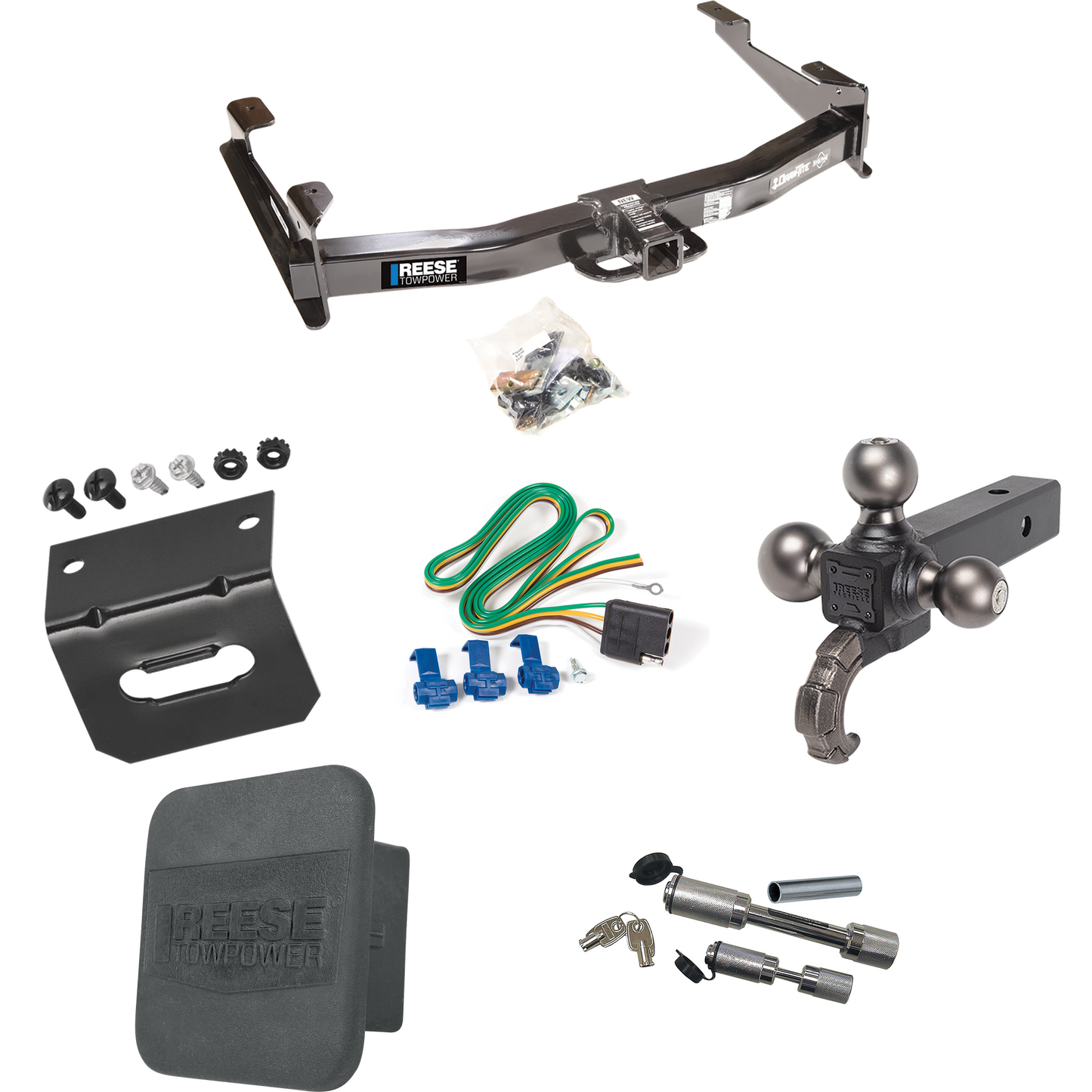 Fits 2001-2002 Chevrolet Silverado 3500 Trailer Hitch Tow PKG w/ 4-Flat Wiring Harness + Triple Ball Ball Mount 1-7/8" & 2" & 2-5/16" Trailer Balls w/ Tow Hook + Dual Hitch & Coupler Locks + Hitch Cover + Wiring Bracket By Reese Towpower