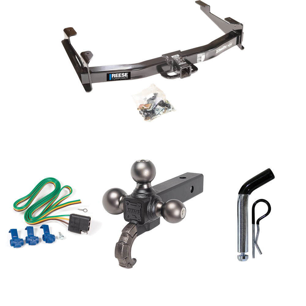 Fits 2001-2002 Chevrolet Silverado 2500 HD Trailer Hitch Tow PKG w/ 4-Flat Wiring Harness + Triple Ball Ball Mount 1-7/8" & 2" & 2-5/16" Trailer Balls w/ Tow Hook + Pin/Clip By Reese Towpower