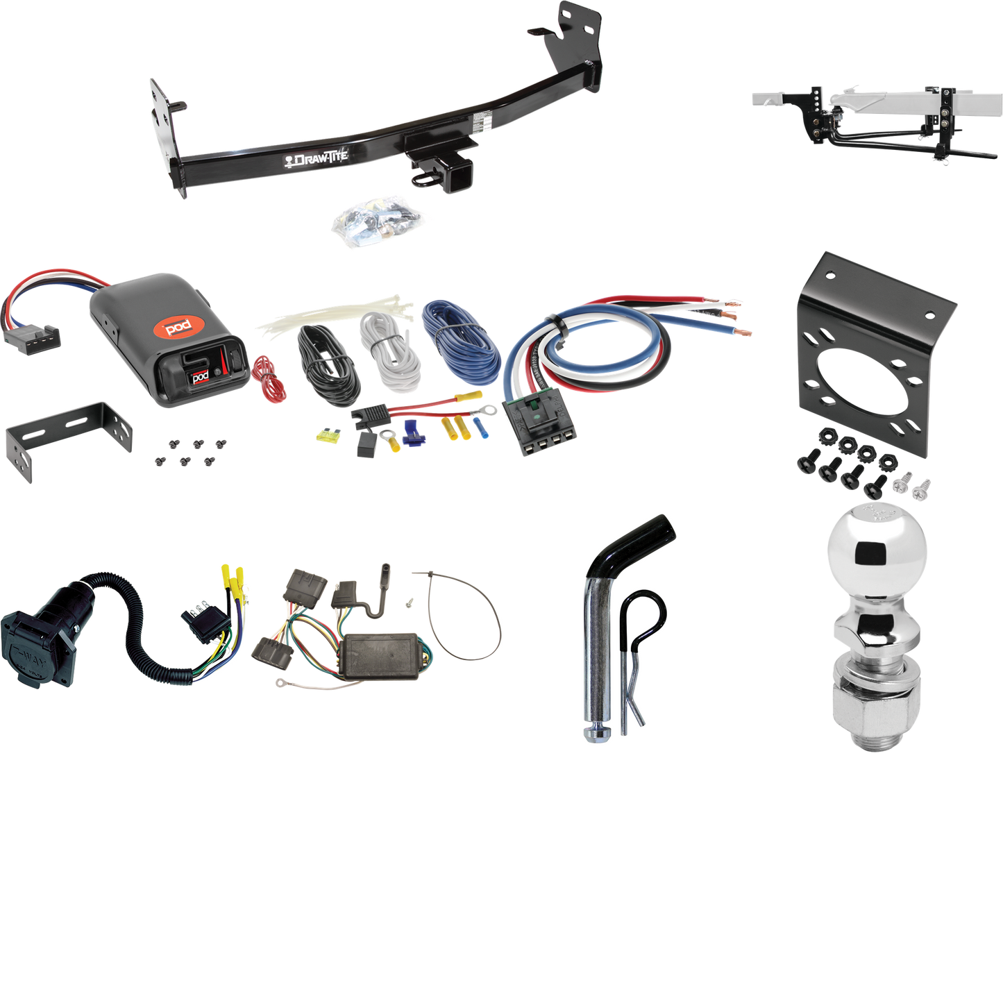 Fits 2006-2006 Isuzu i-280 Trailer Hitch Tow PKG w/ 8K Round Bar Weight Distribution Hitch w/ 2-5/16" Ball + 2" Ball + Pin/Clip + Pro Series POD Brake Control + Generic BC Wiring Adapter + 7-Way RV Wiring By Draw-Tite