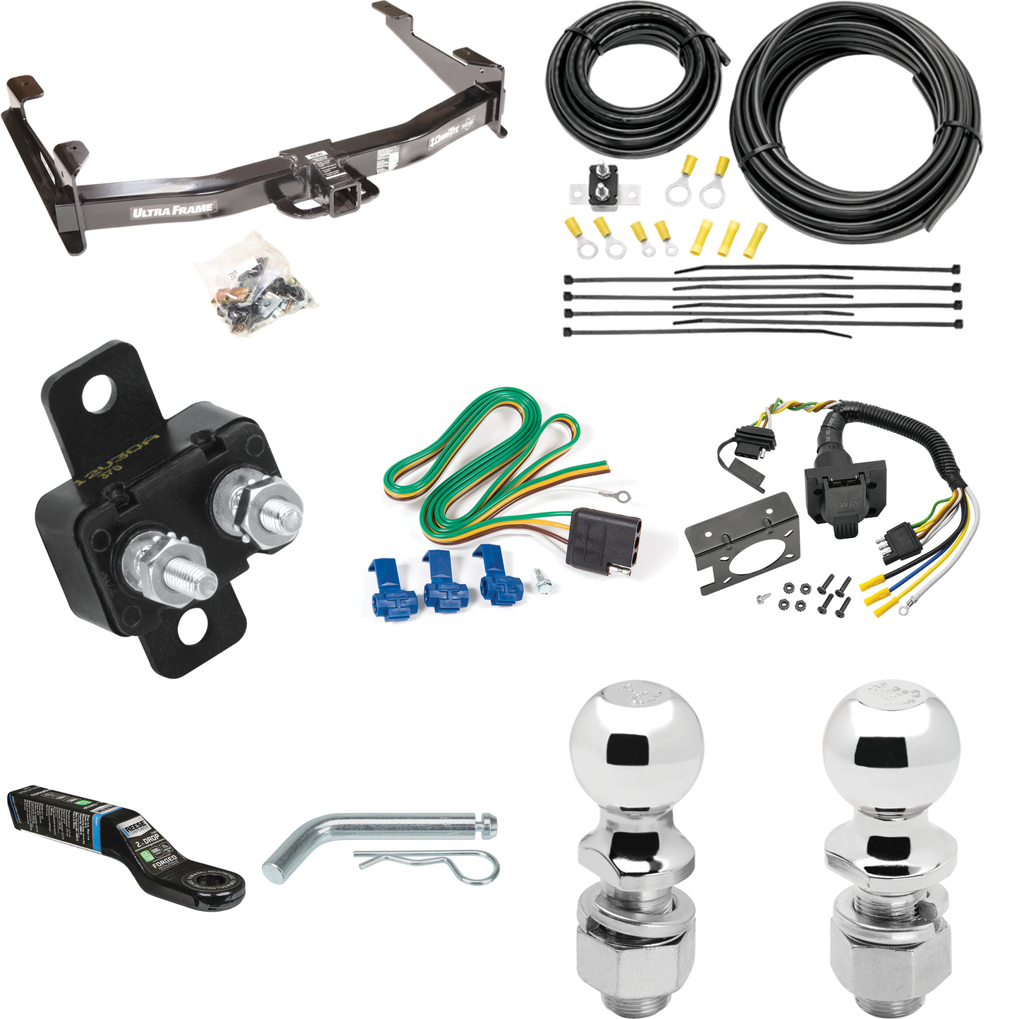 Se adapta al paquete de enganche de remolque Chevrolet Silverado 2500 HD 2001-2002 con cableado RV de 7 vías + bola de 2" y 2-5/16" + soporte de caída de Draw-Tite