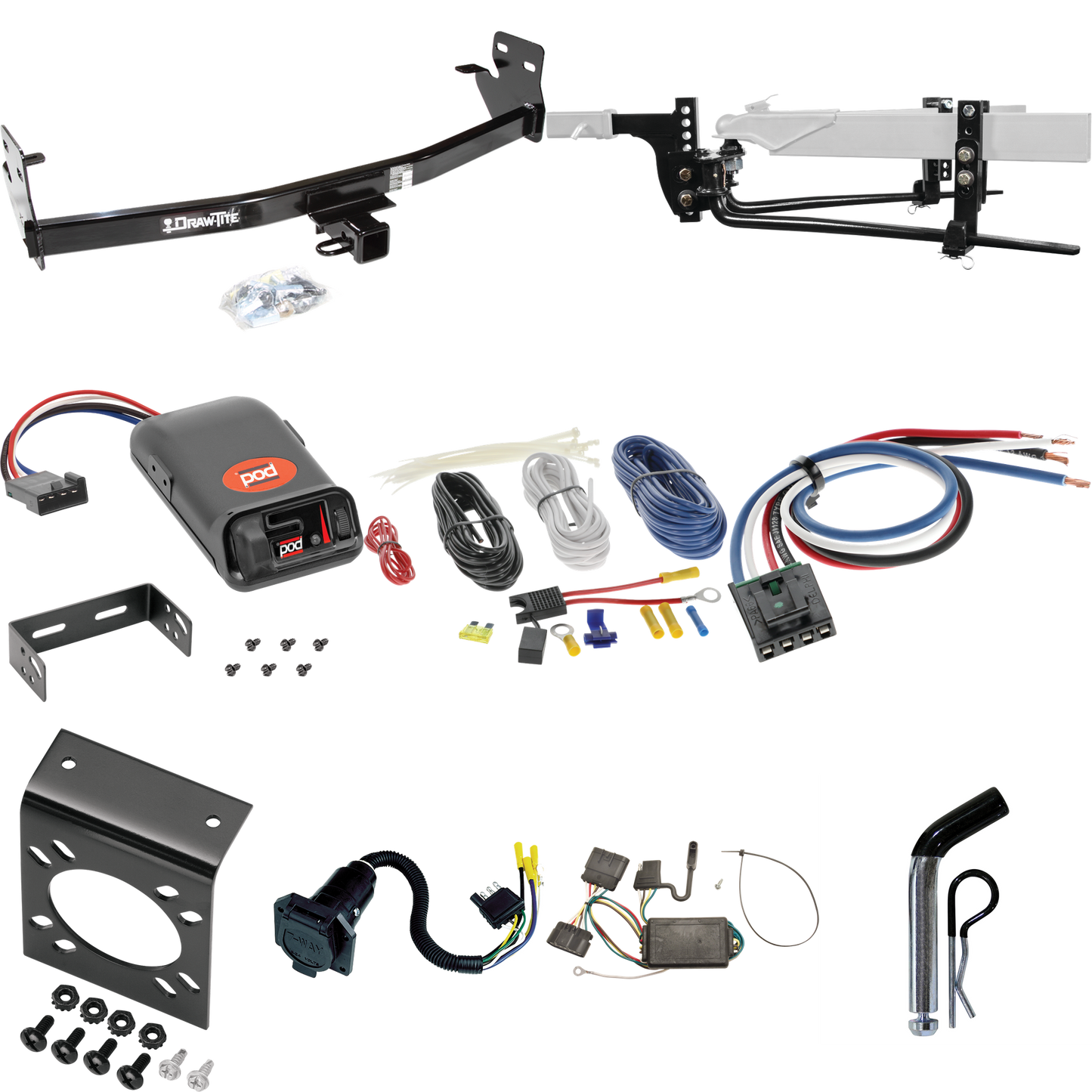 Fits 2004-2012 GMC Canyon Trailer Hitch Tow PKG w/ 8K Round Bar Weight Distribution Hitch w/ 2-5/16" Ball + Pin/Clip + Pro Series POD Brake Control + Generic BC Wiring Adapter + 7-Way RV Wiring By Draw-Tite